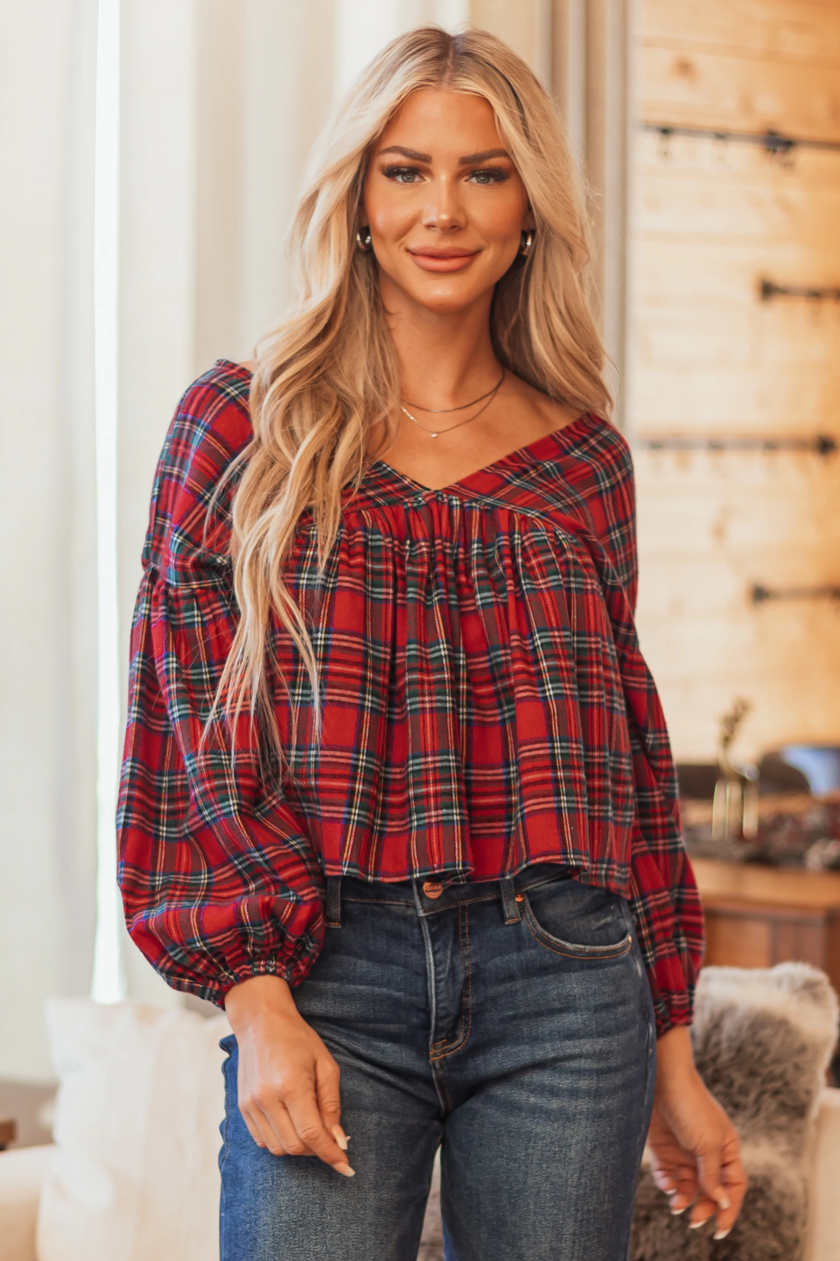 Lipstick Plaid Long Sleeve Top with Tie Back - LD SALE