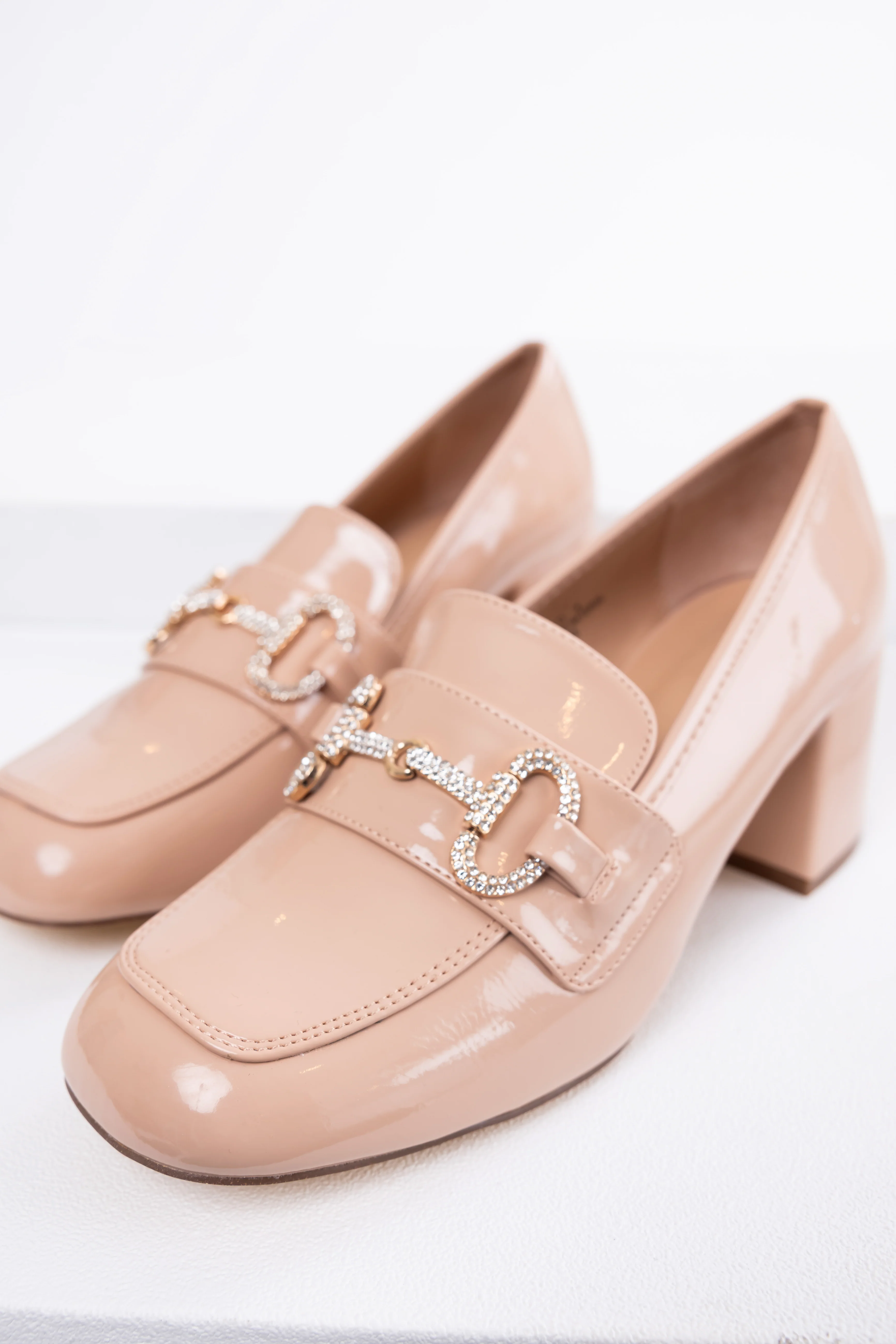 Nude Shiny Leather Block Heel Loafers - LD SALE