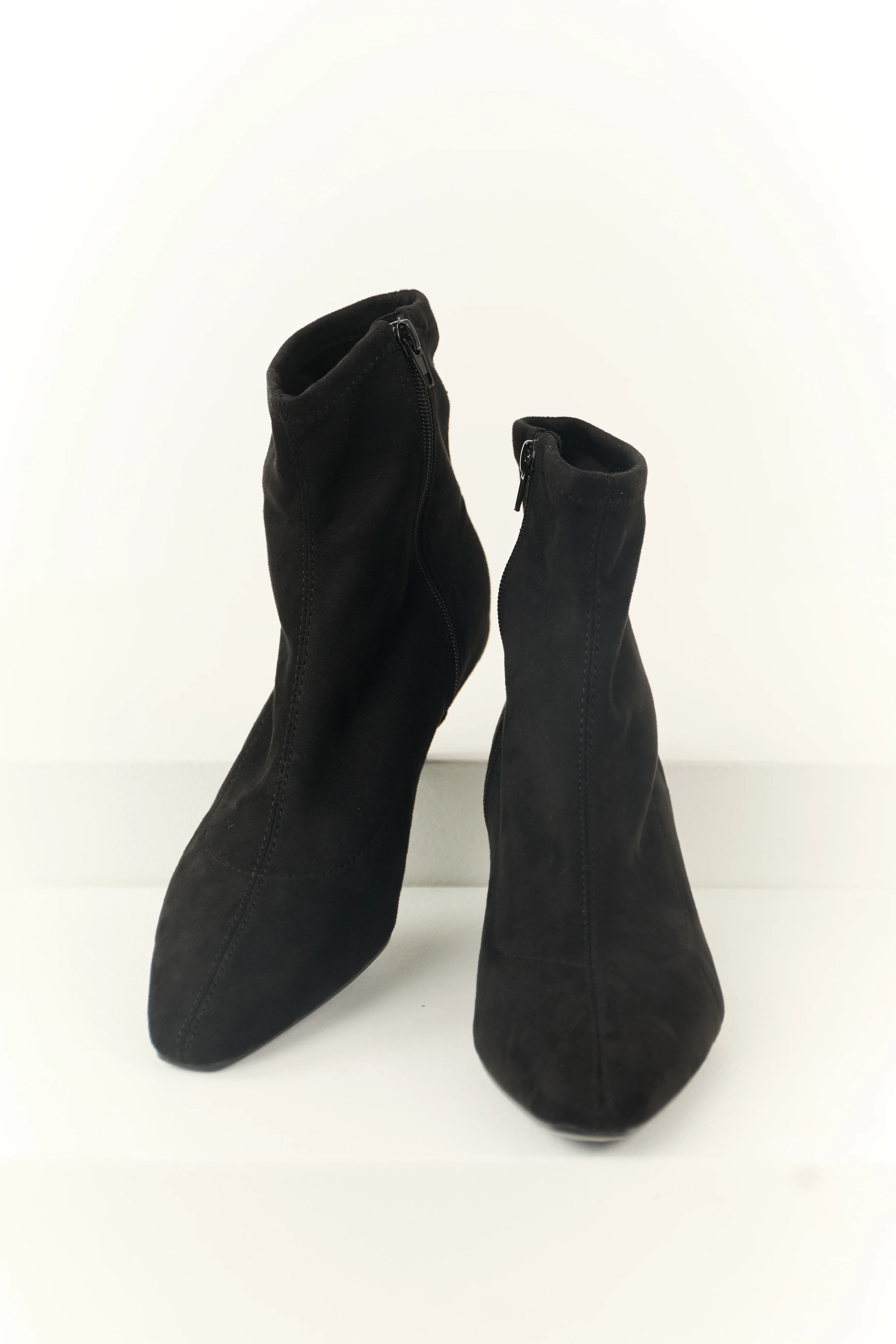 Black Faux Suede Pointed Toe Ankle Booties with Heel - LD SALE