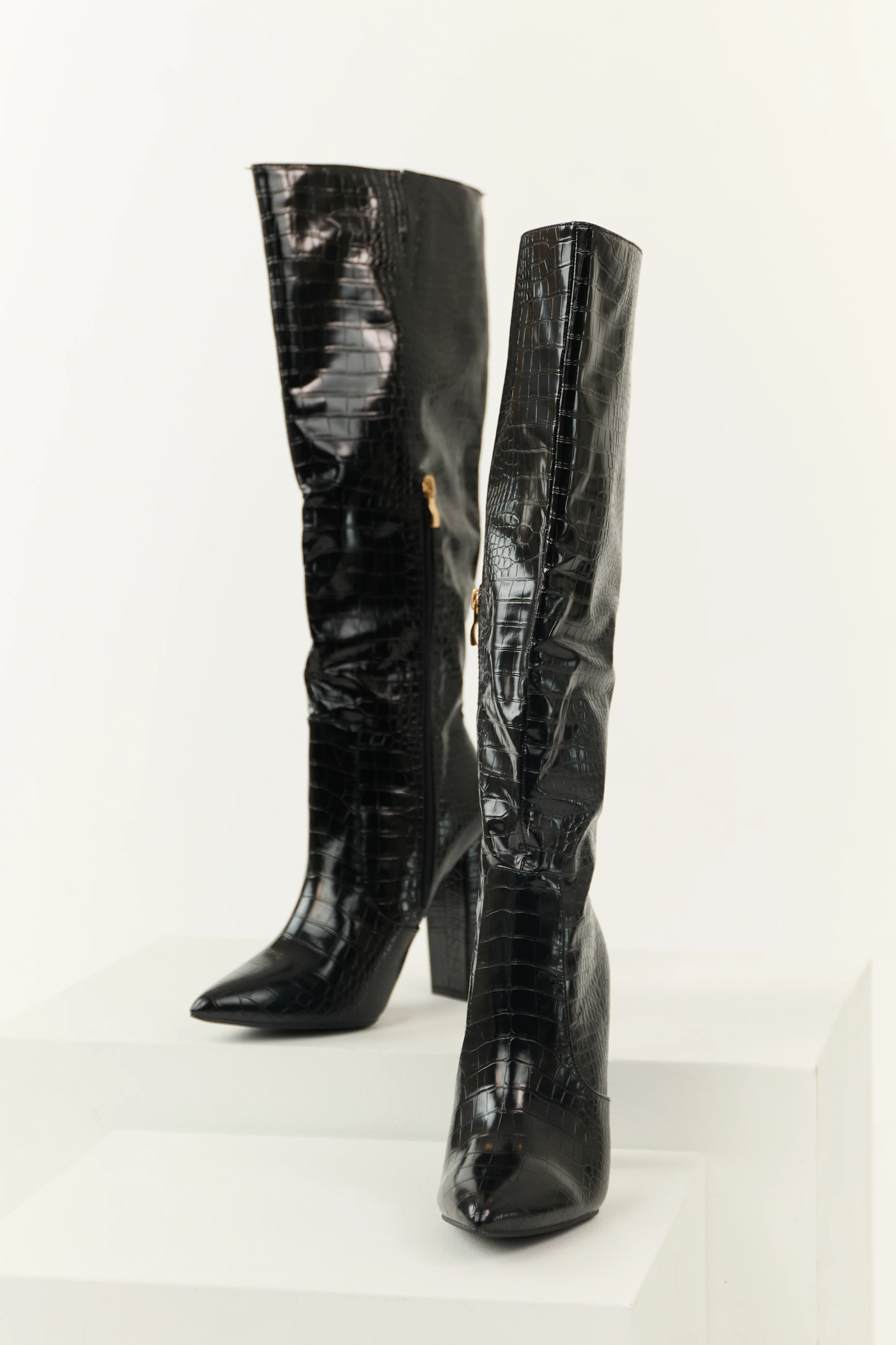 Black Faux Leather Crocodile Heeled Boots - LD SALE