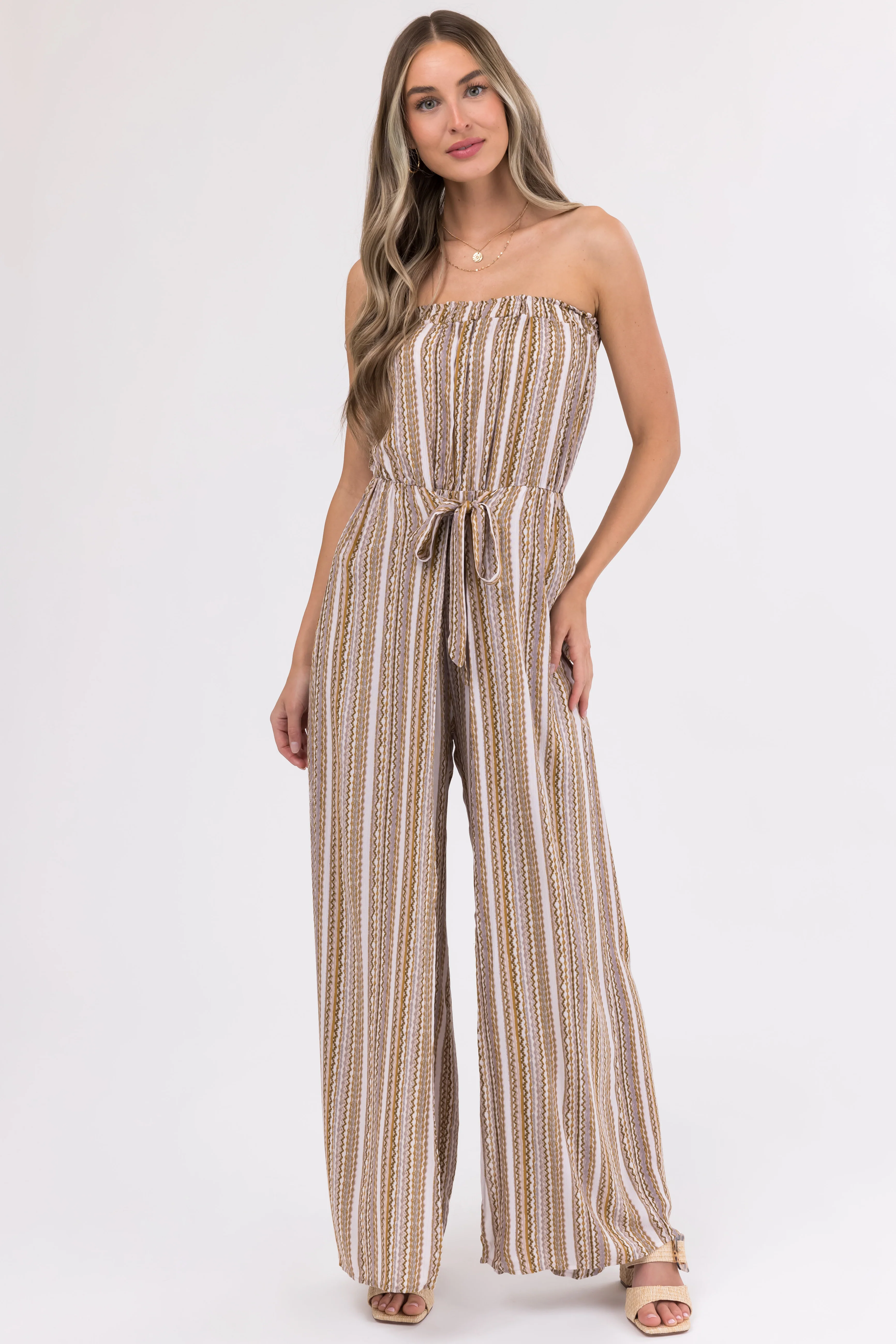 Taupe Printed Strapless Flowy Jumpsuit - LD SALE