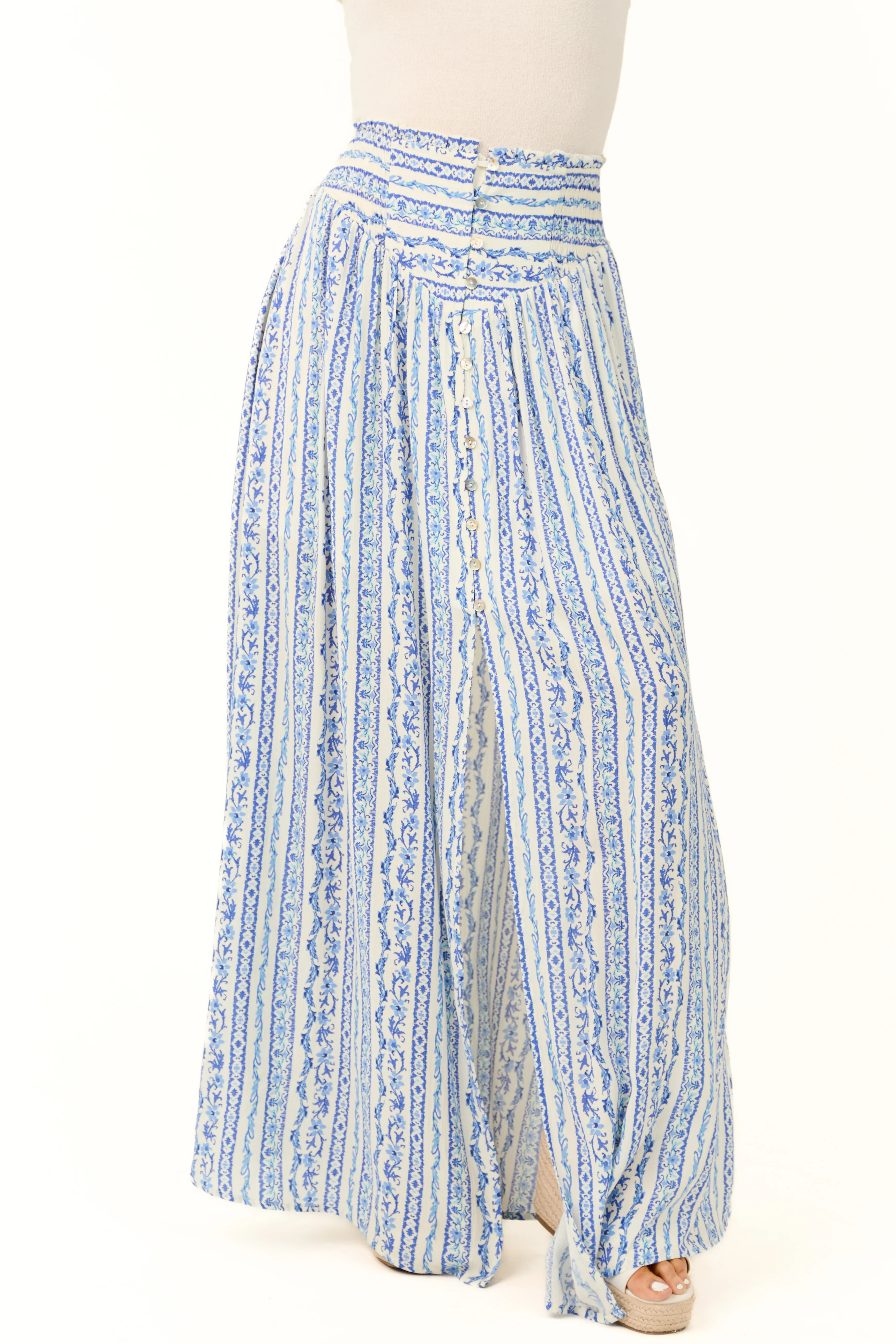 Ivory and Cobalt Front Slit Button Maxi Skirt - LD SALE