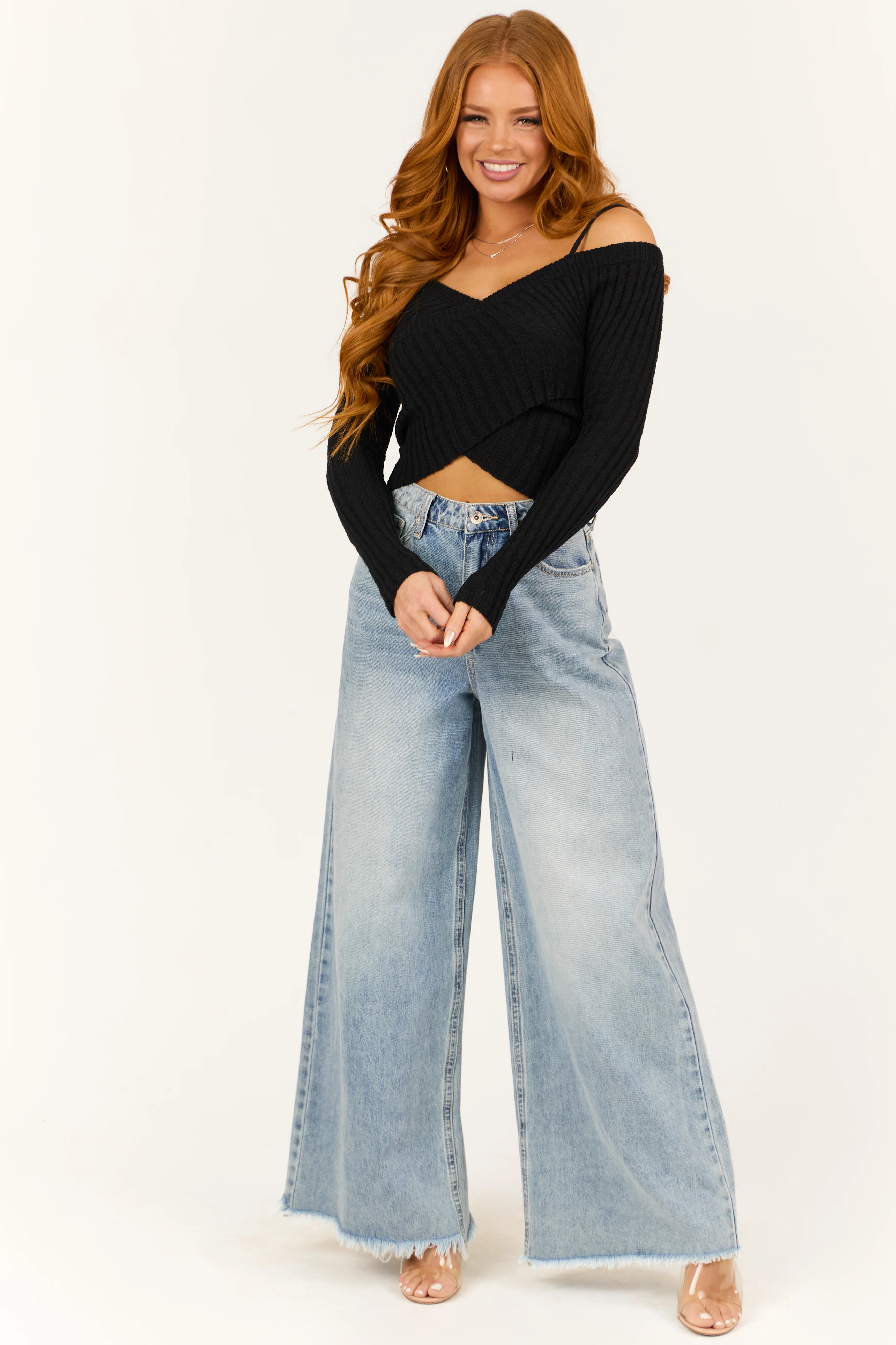 Black Cold Shoulder Crossover Sweater - LD SALE