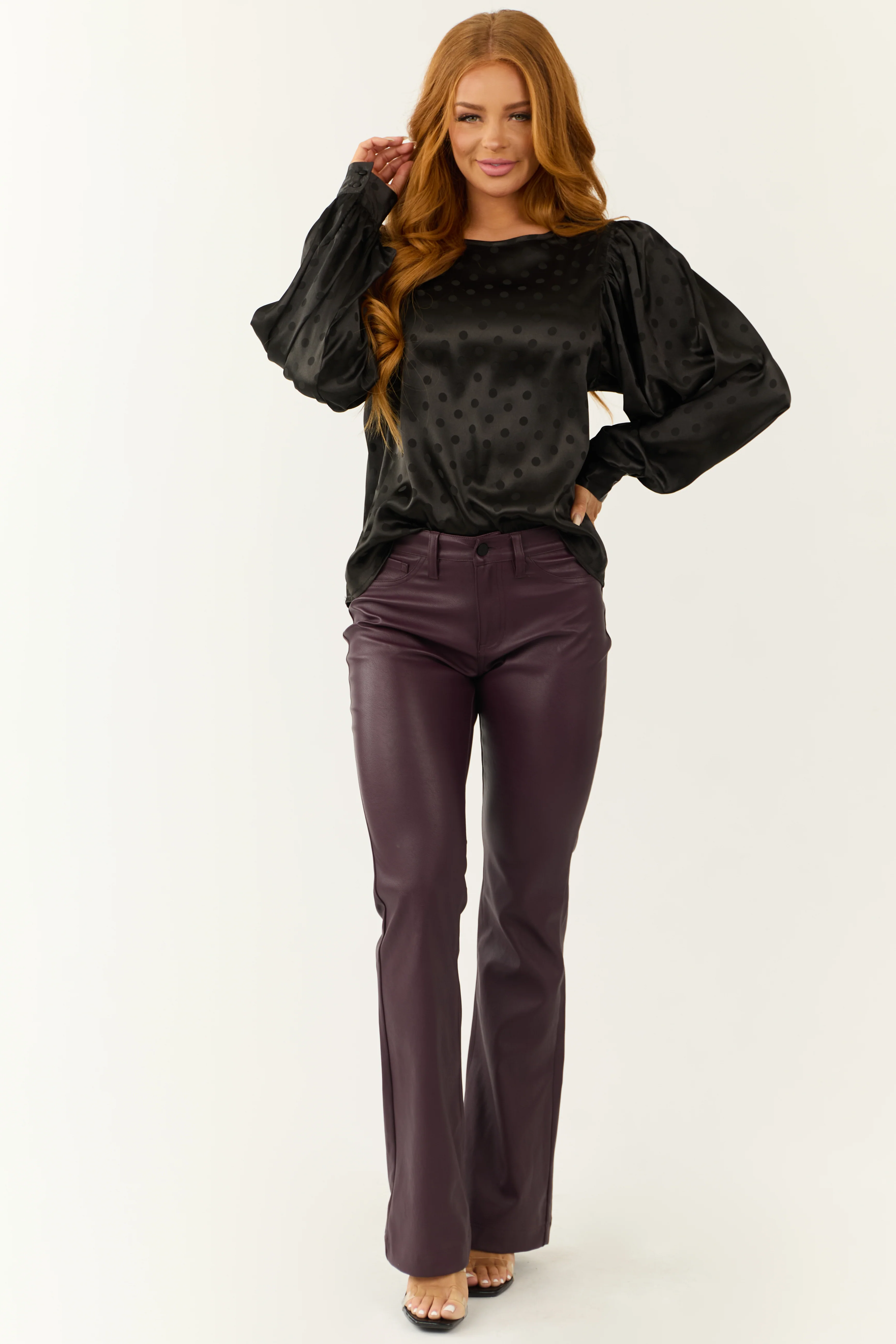 Black Polka Dot Textured Bubble Sleeve Satin Top - LD SALE