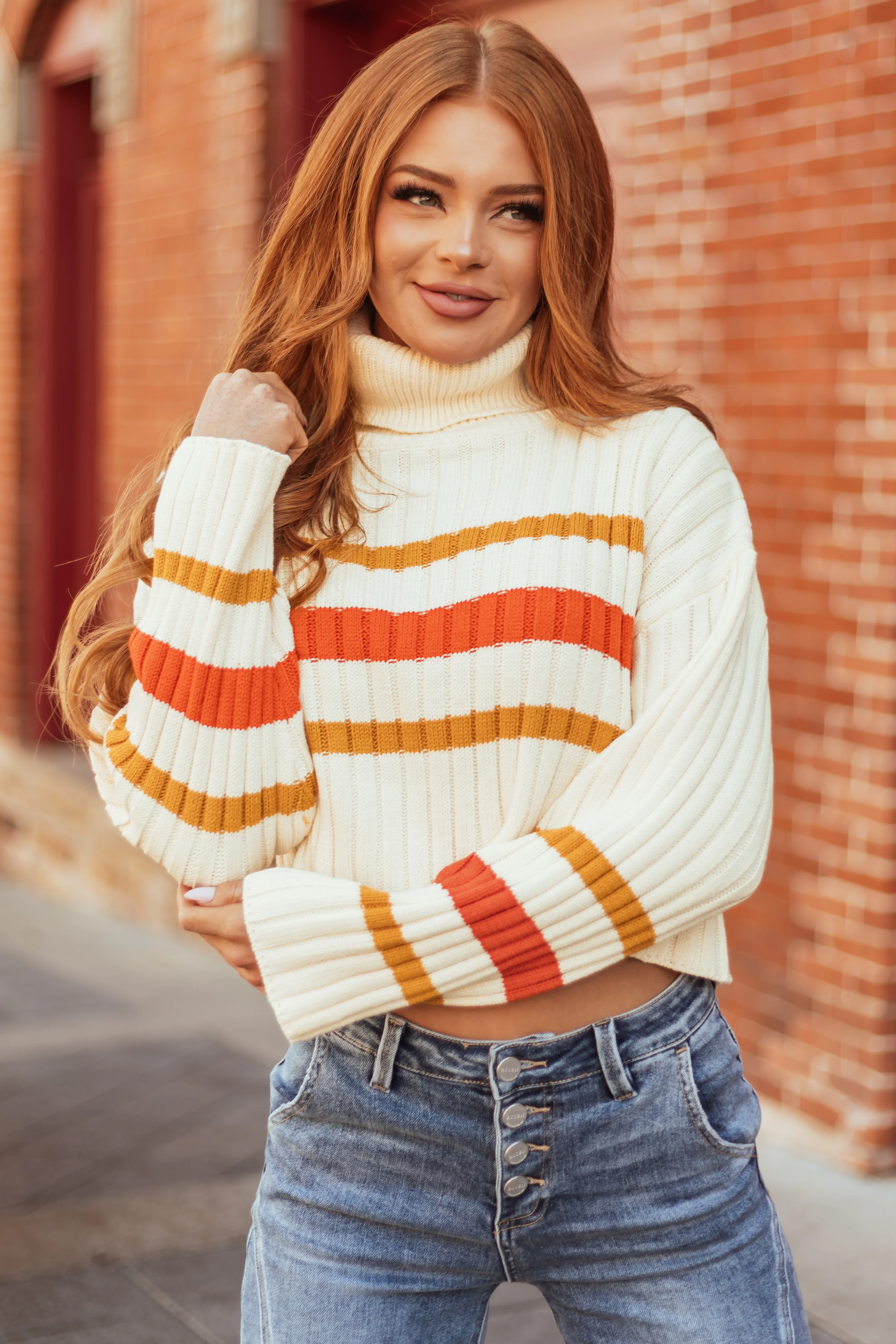 Cream Striped Turtleneck Cropped Sweater - LD SALE