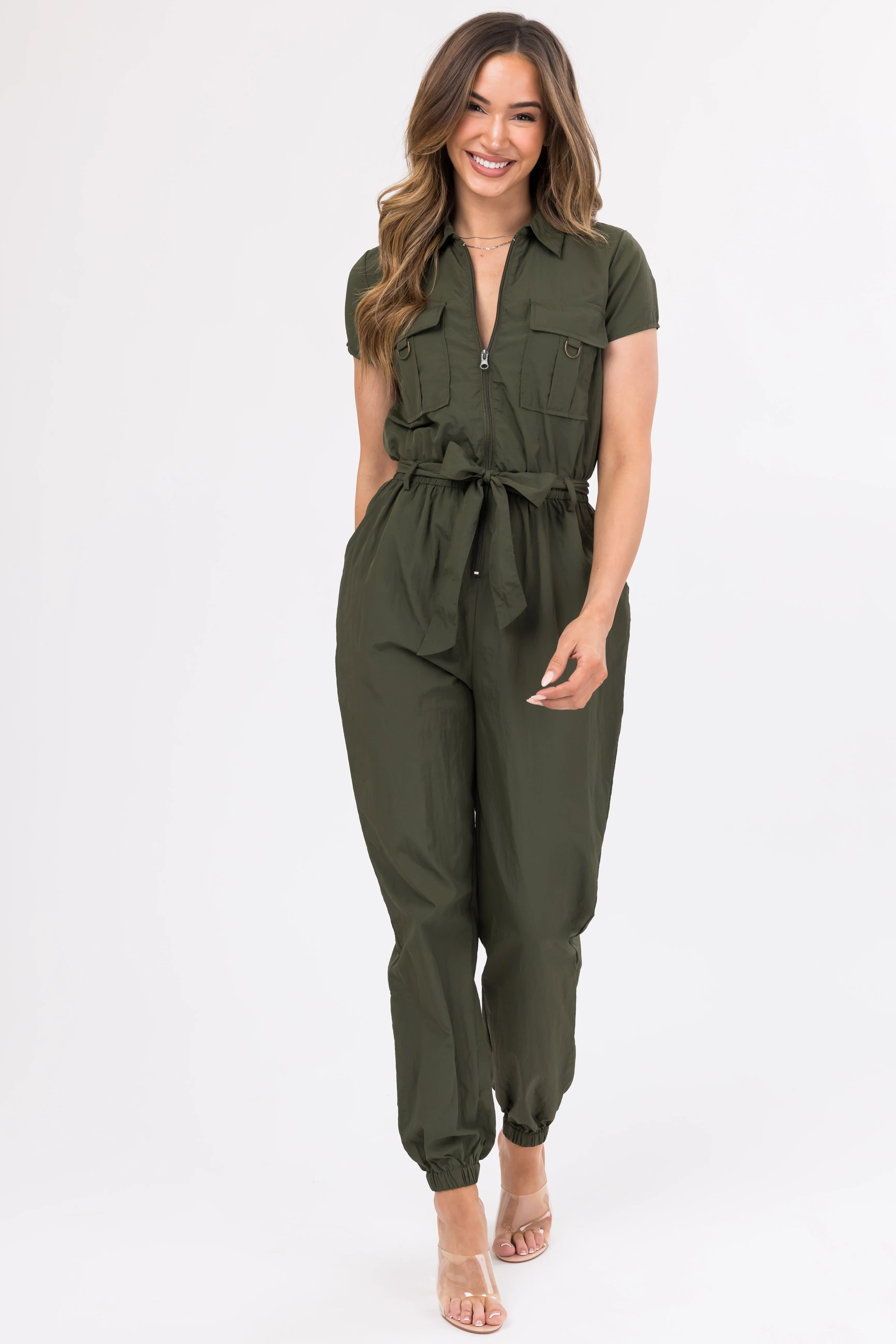 Army Green Zip Up Waist Tie Collared Jumpsuit - LD SALE