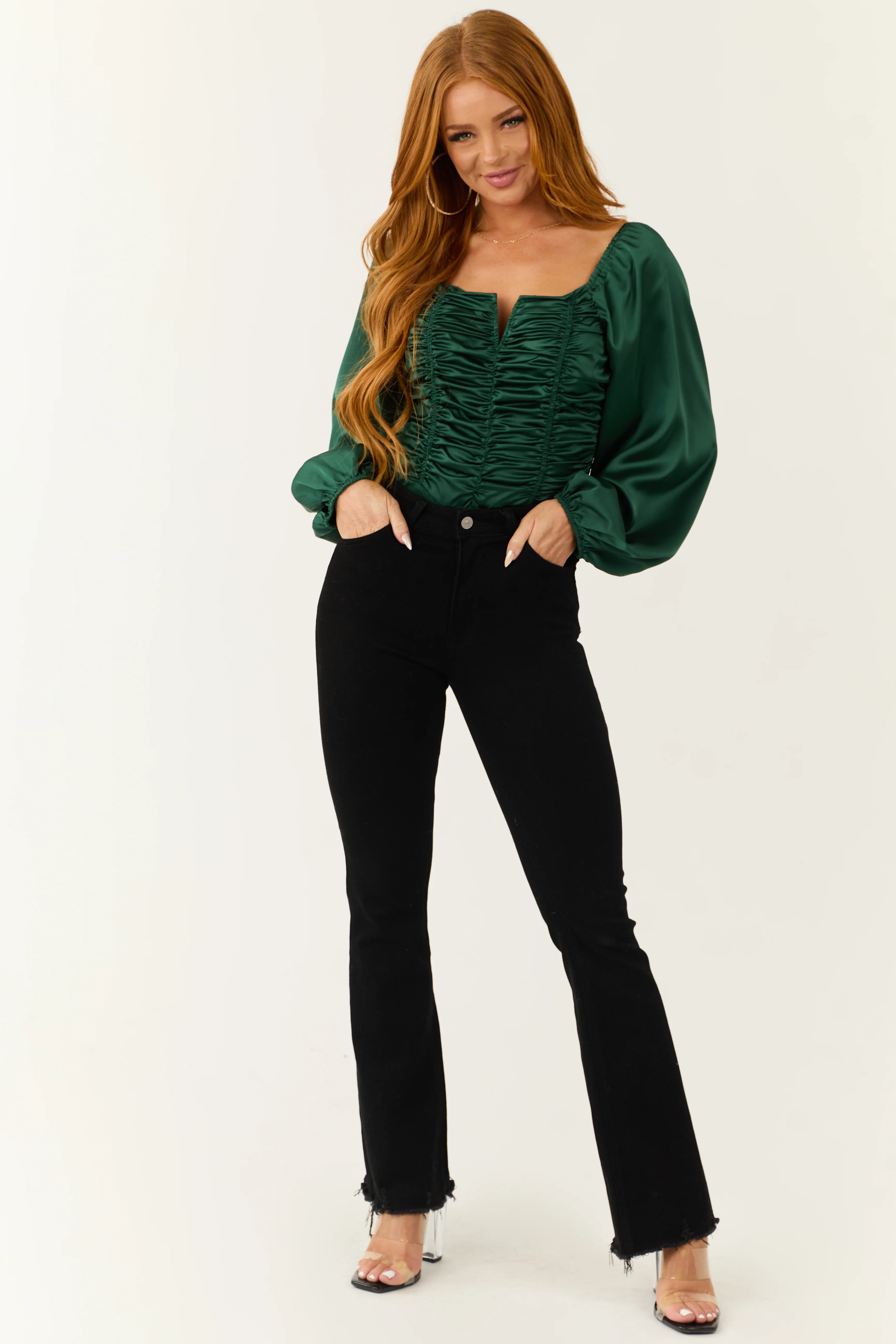 Deep Pine Long Bubble Sleeve Ruched Satin Bodysuit - LD SALE