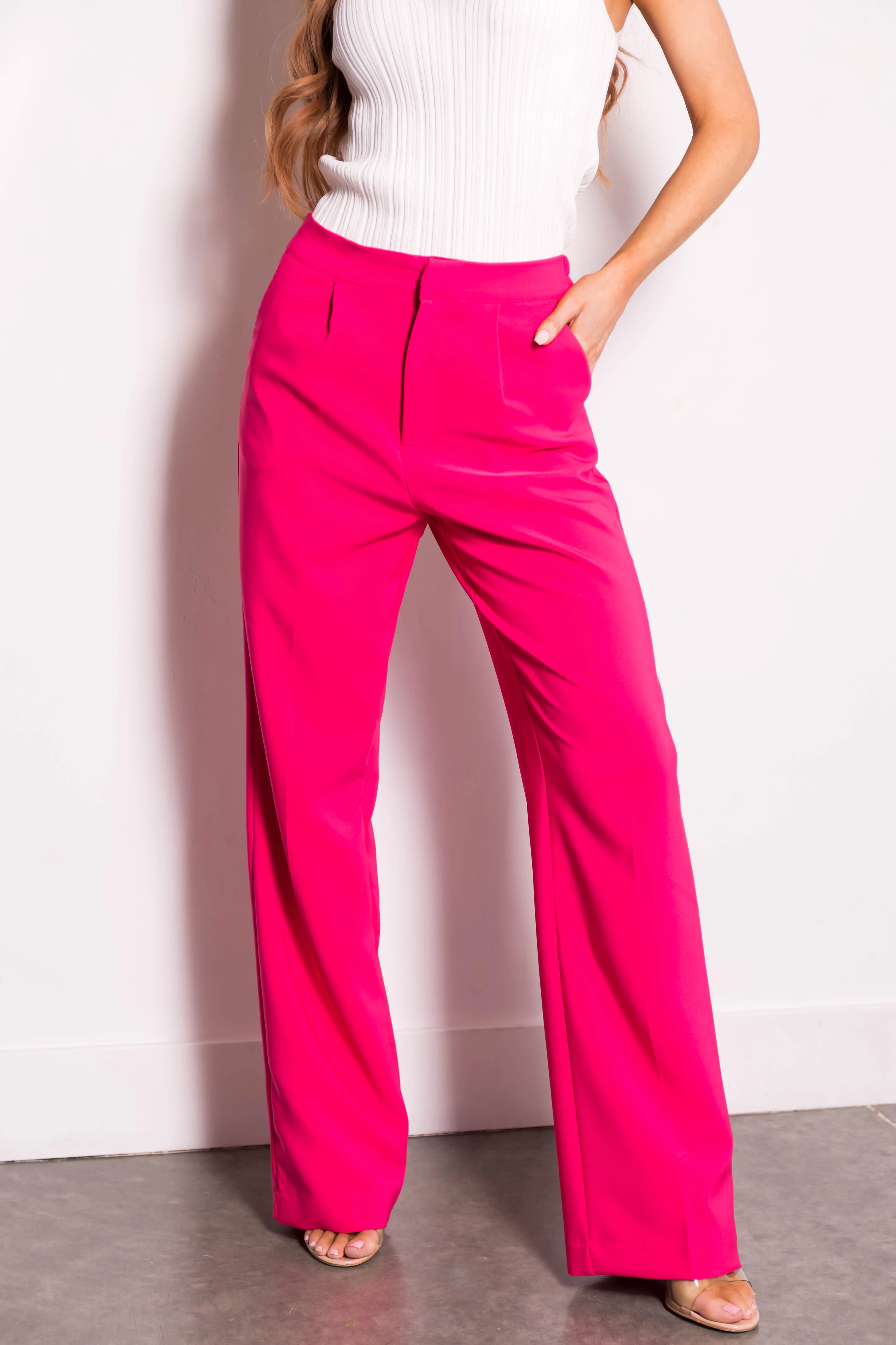 Hot Pink Wide Leg Elastic Waist Woven Pants - LD SALE