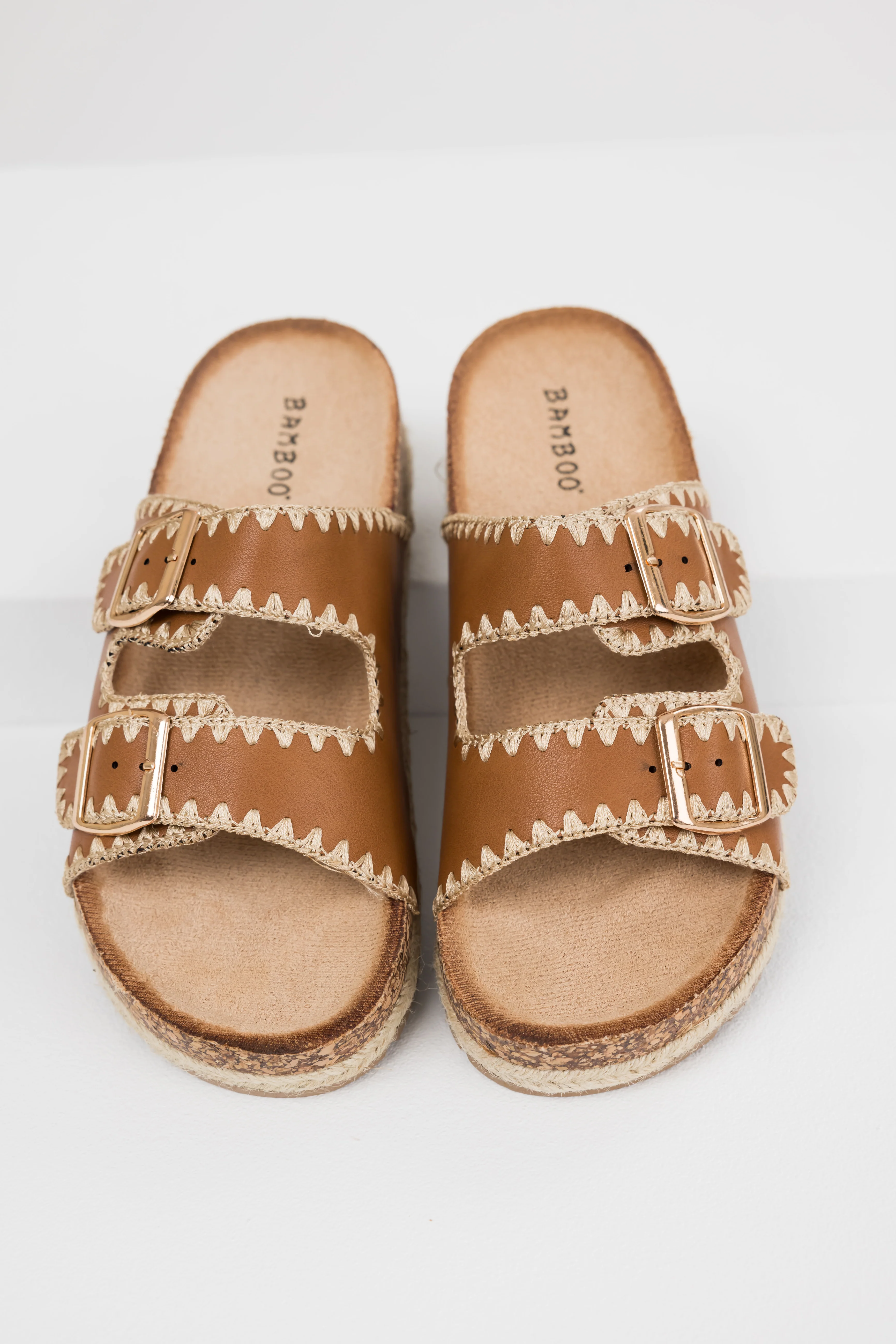 Cognac Thread Trim Buckle Cork Slide Sandals - LD SALE