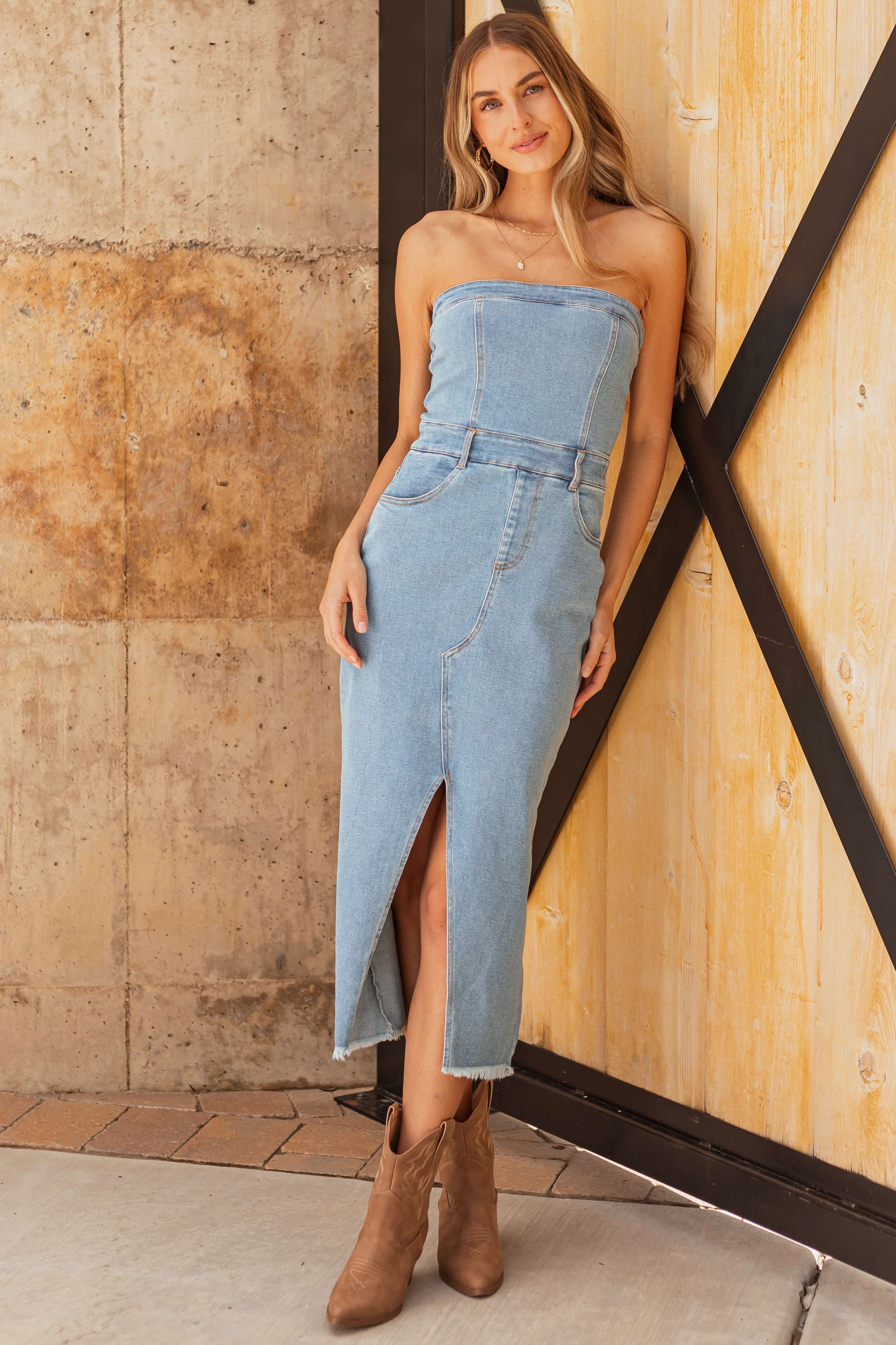 Medium Wash Denim Strapless Bodycon Dress - LD SALE