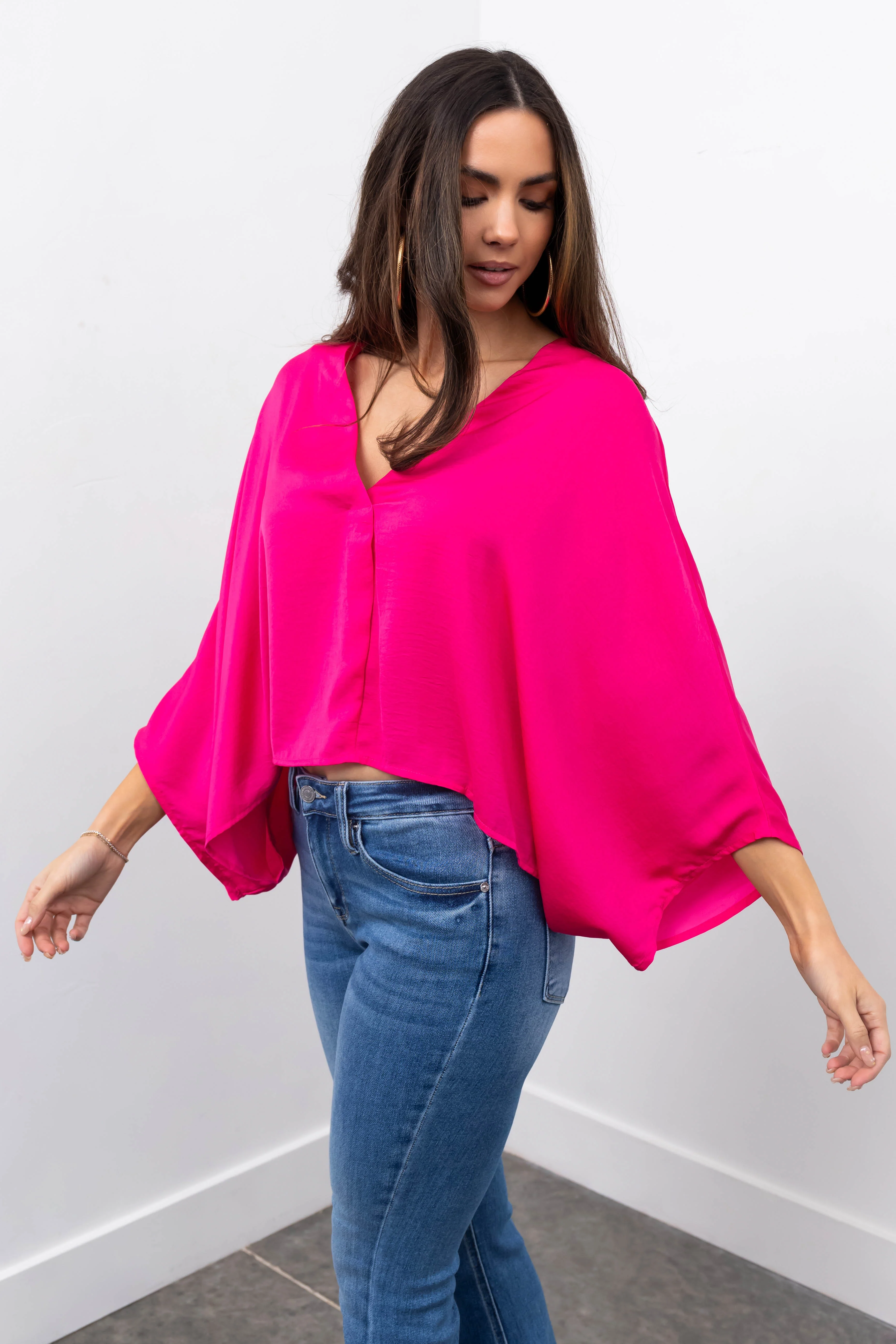 Hot Pink Satin Kimono Sleeve V Neck Crop Top - LD SALE