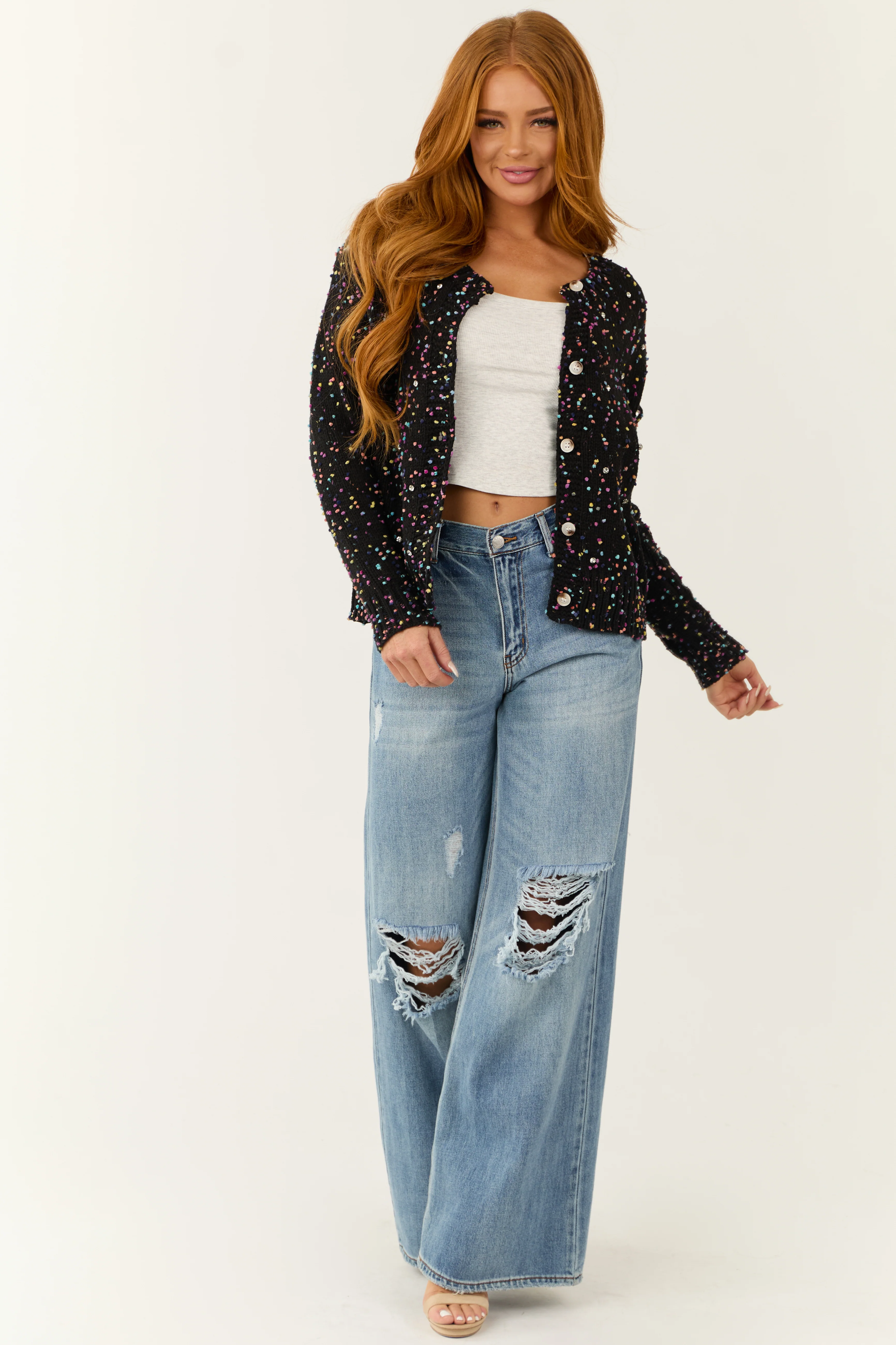 Black Confetti Knit Rhinestone Detail Cardigan - LD SALE