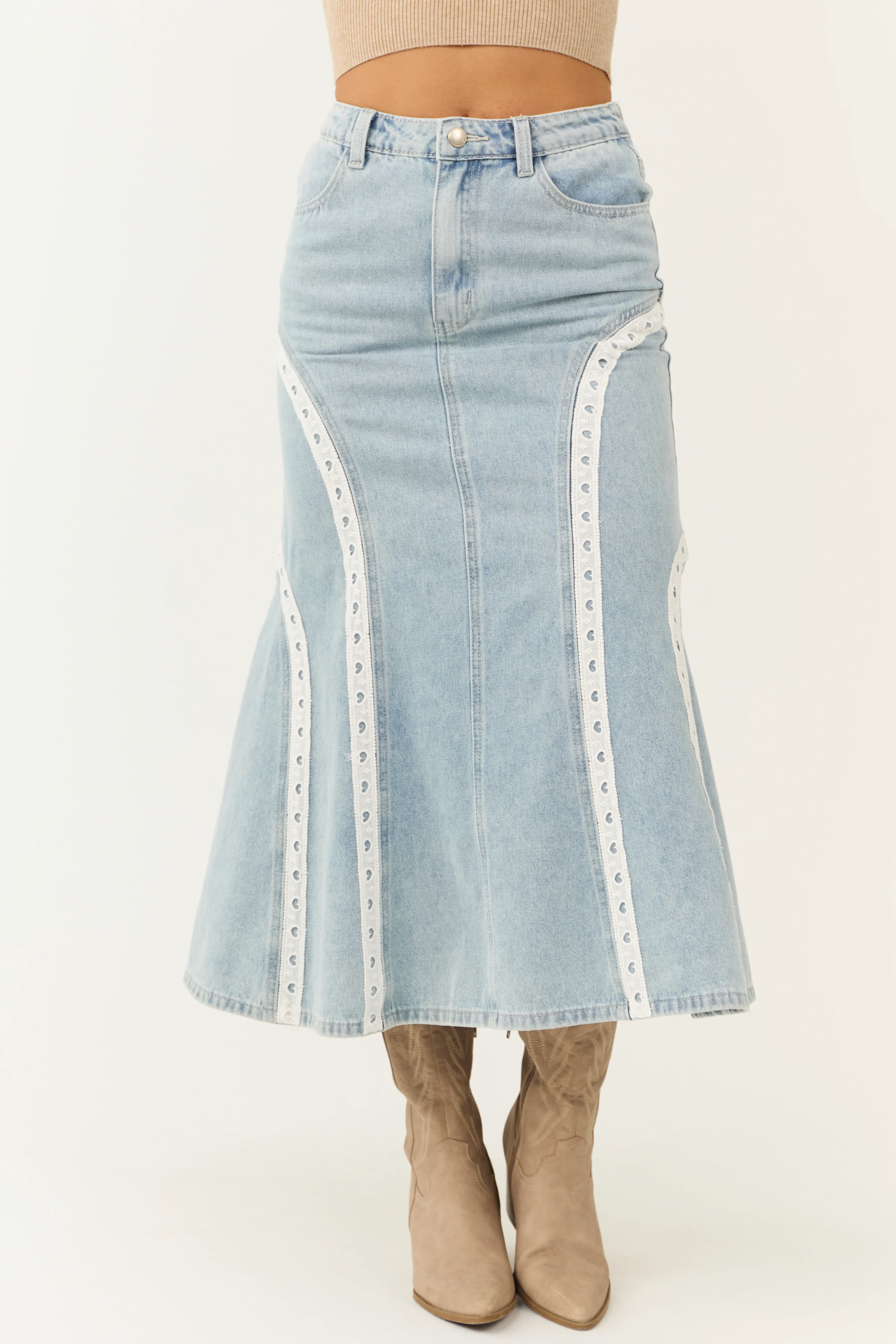 Light Wash Lace Trim Mermaid Flare Midi Skirt - LD SALE