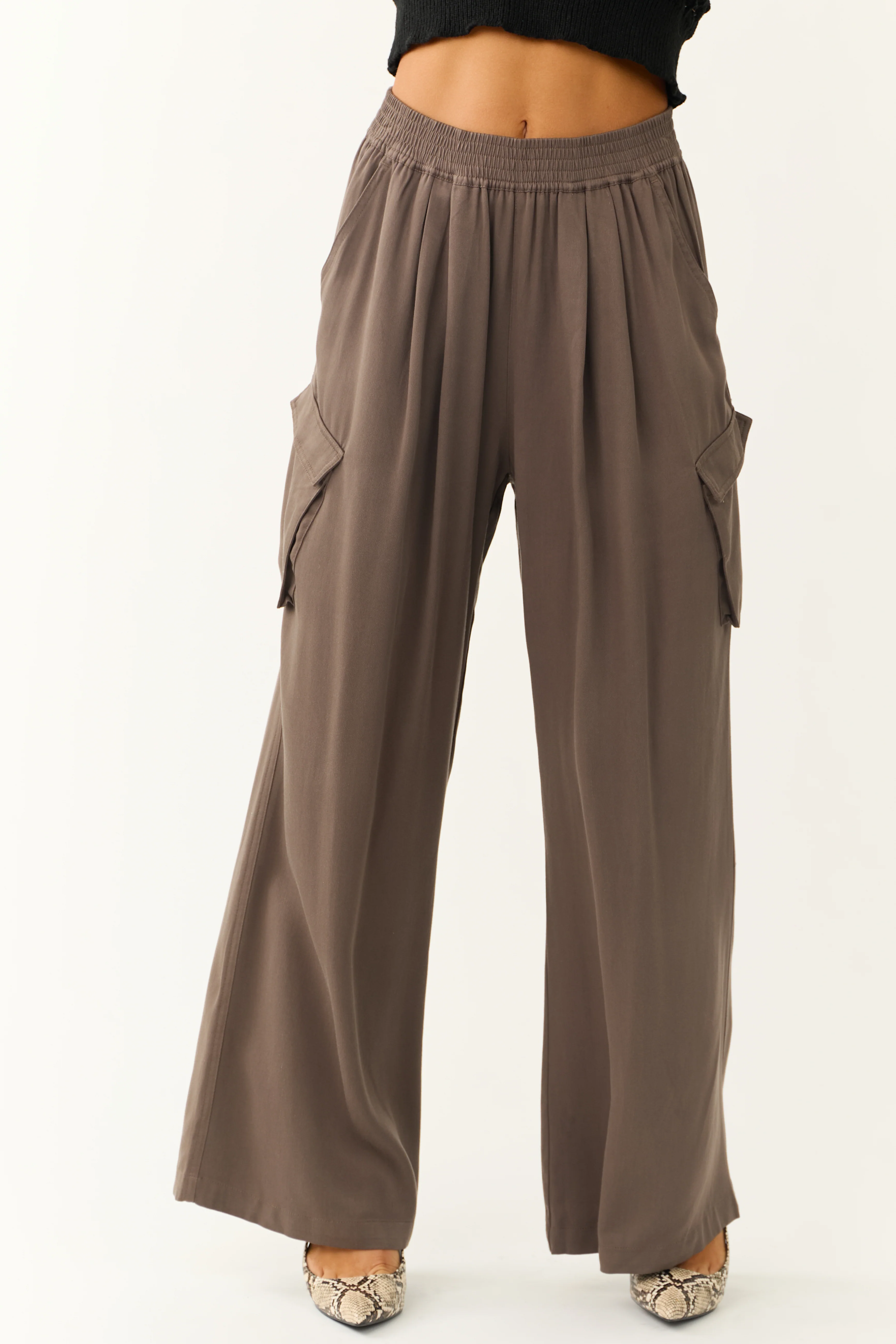 Espresso Wide Leg Smocked Waist Cargo Pants - LD SALE