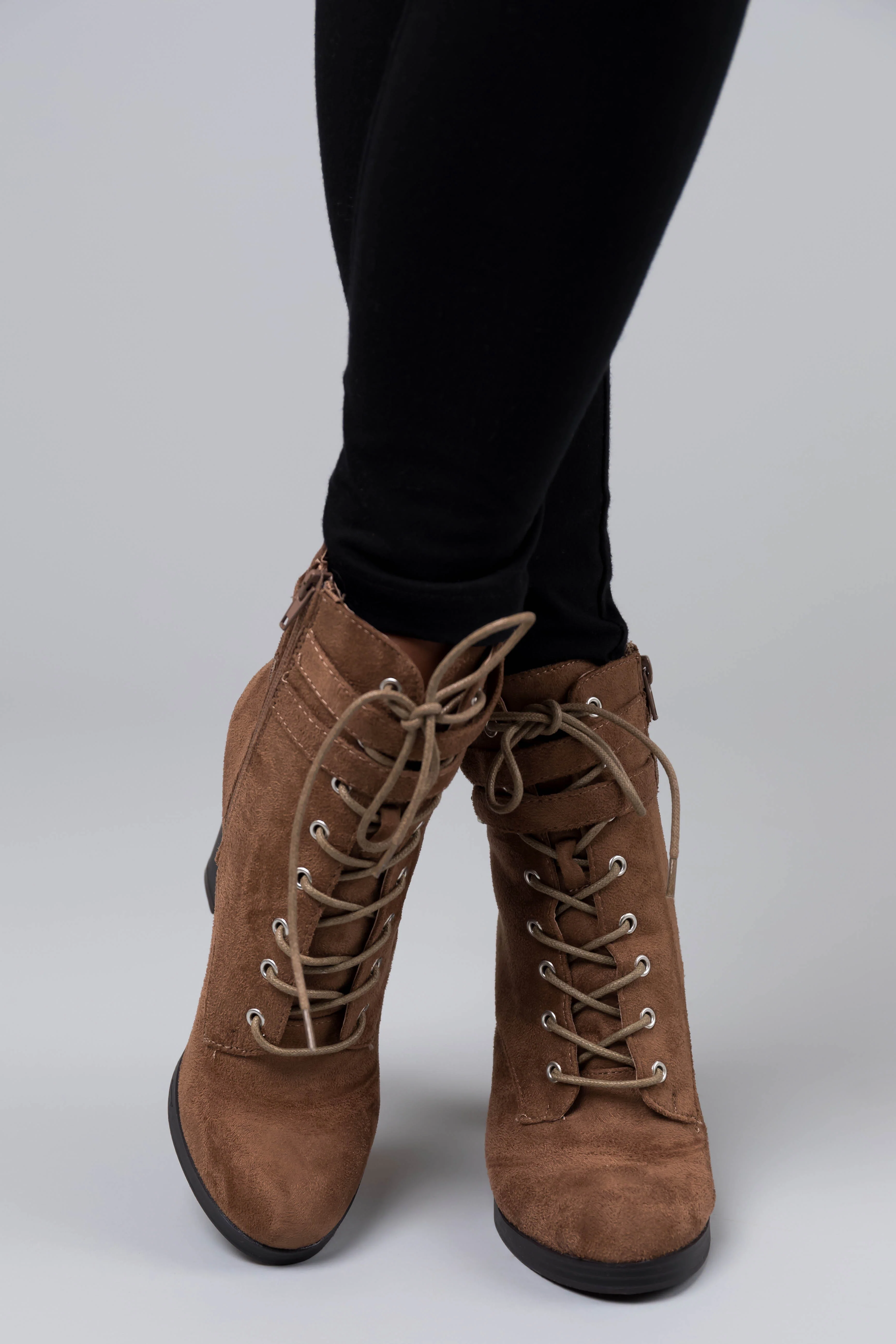 Milk Chocolate Faux Suede Lace Up High Heel Booties - LD SALE