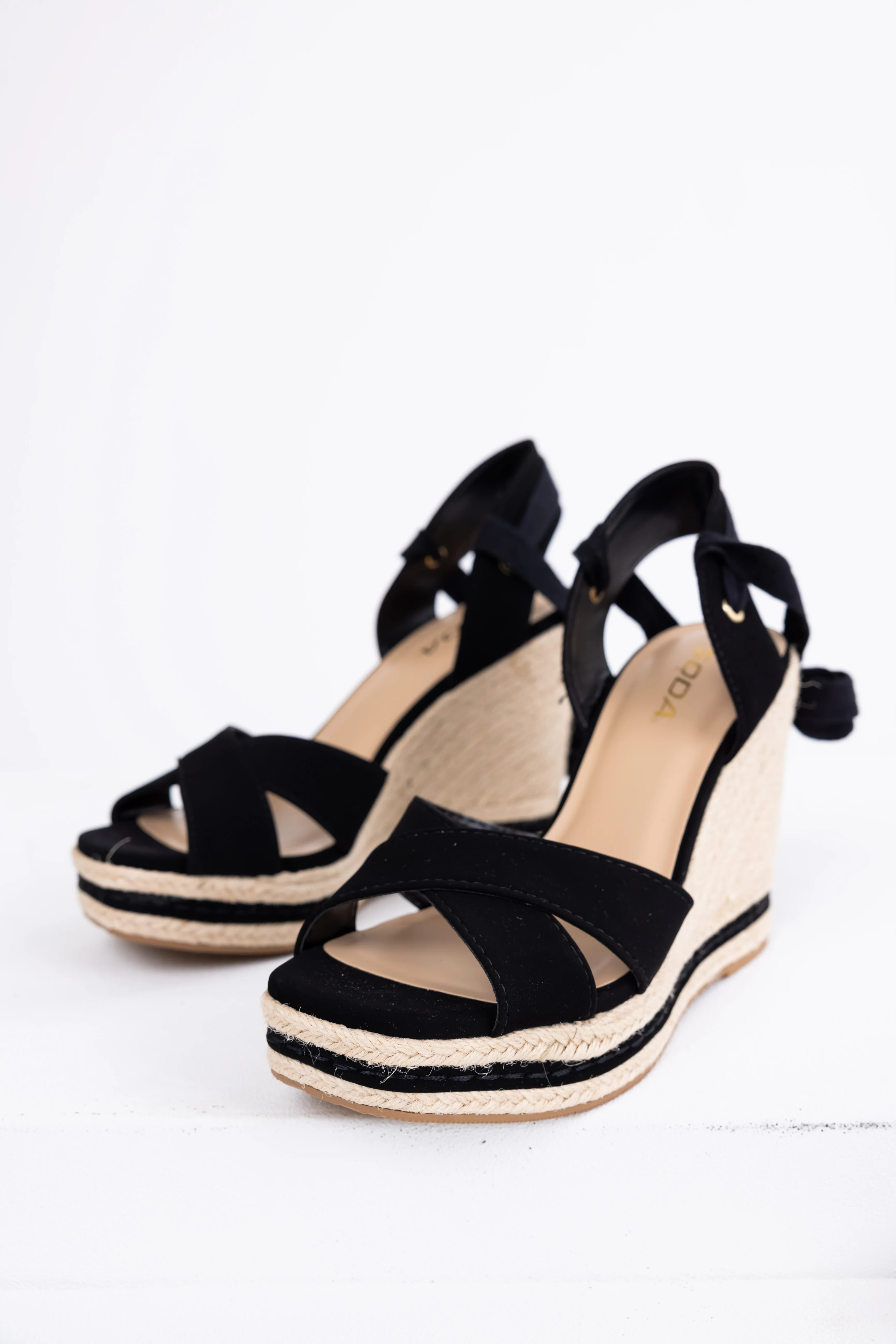 Black Cross Strap Lace Up Espadrille Wedges - LD SALE