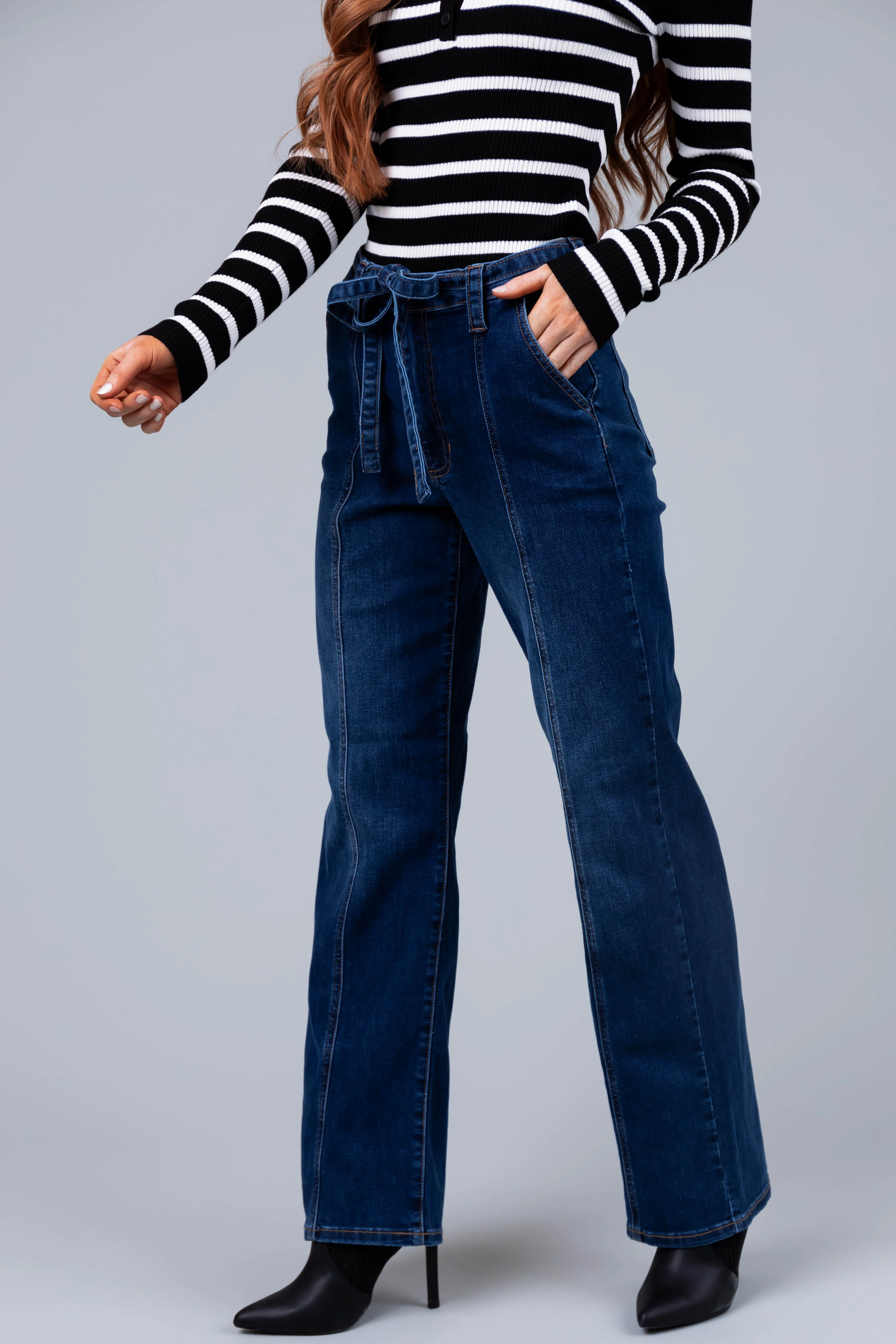 Sneak Peek Dark Wash High Rise Denim Tie Jeans - LD SALE