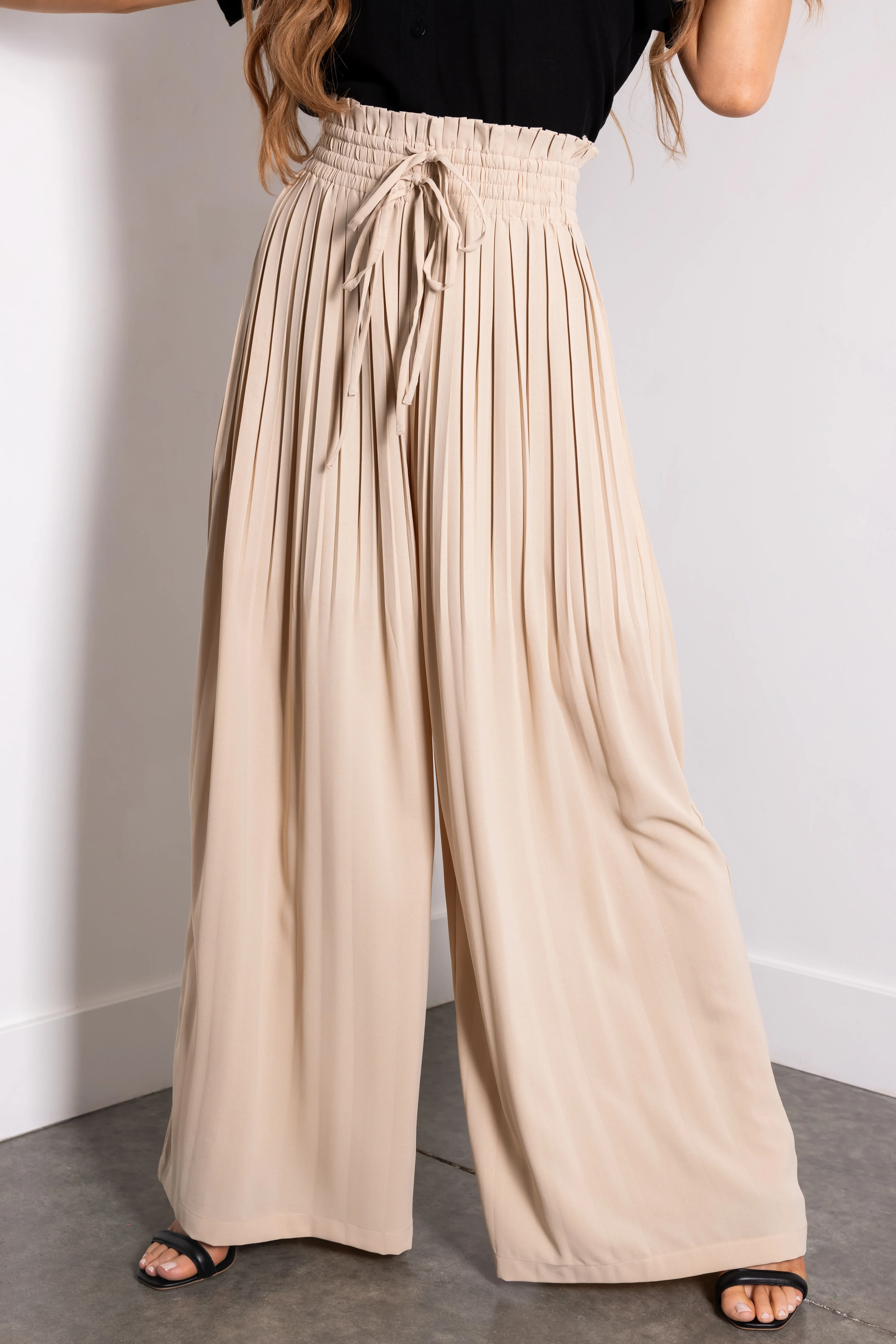 Flying Tomato Almond Pleated Wide Leg Woven Pants - LD SALE