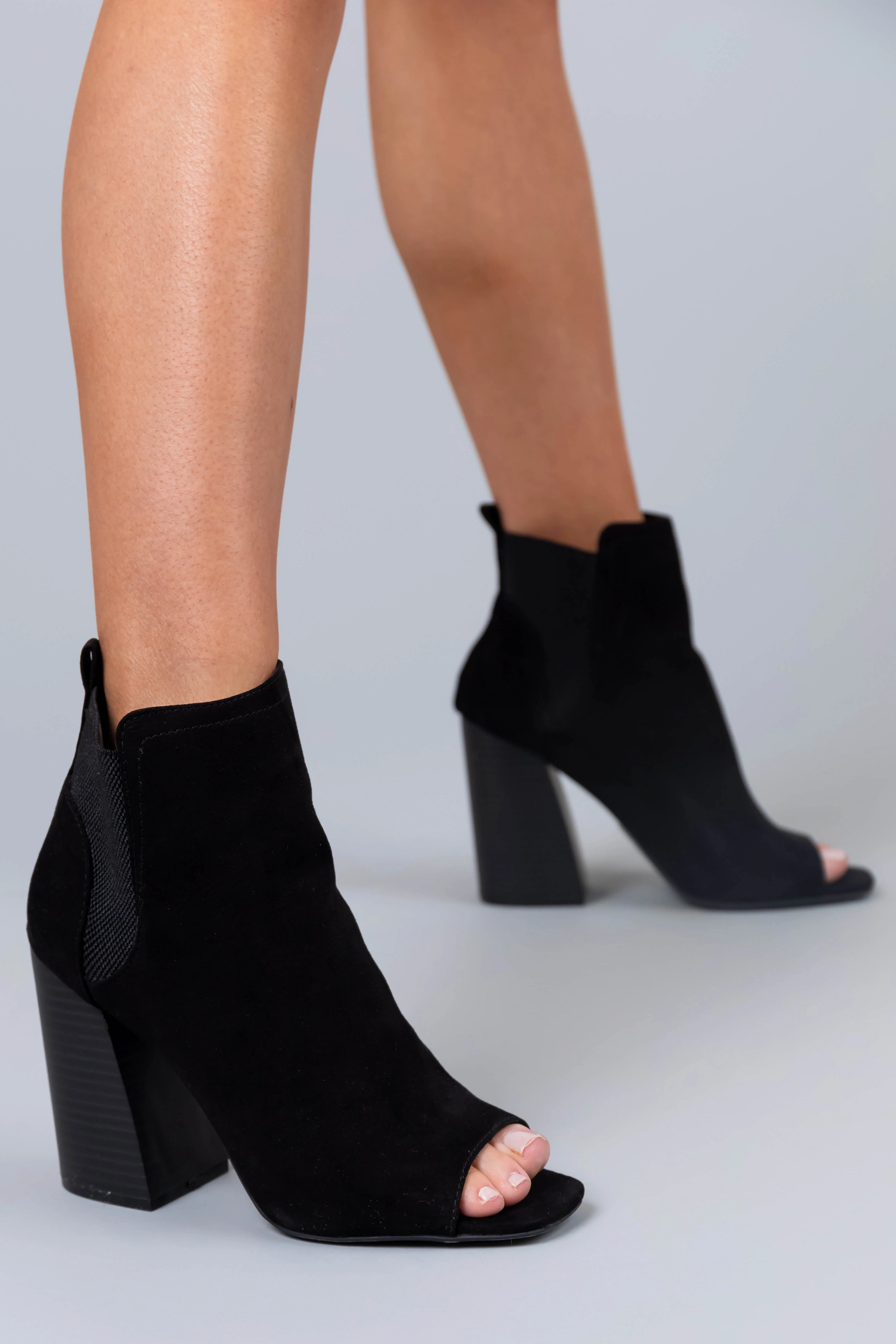Black Suede Peep Toe Chunky Heel Booties - LD SALE