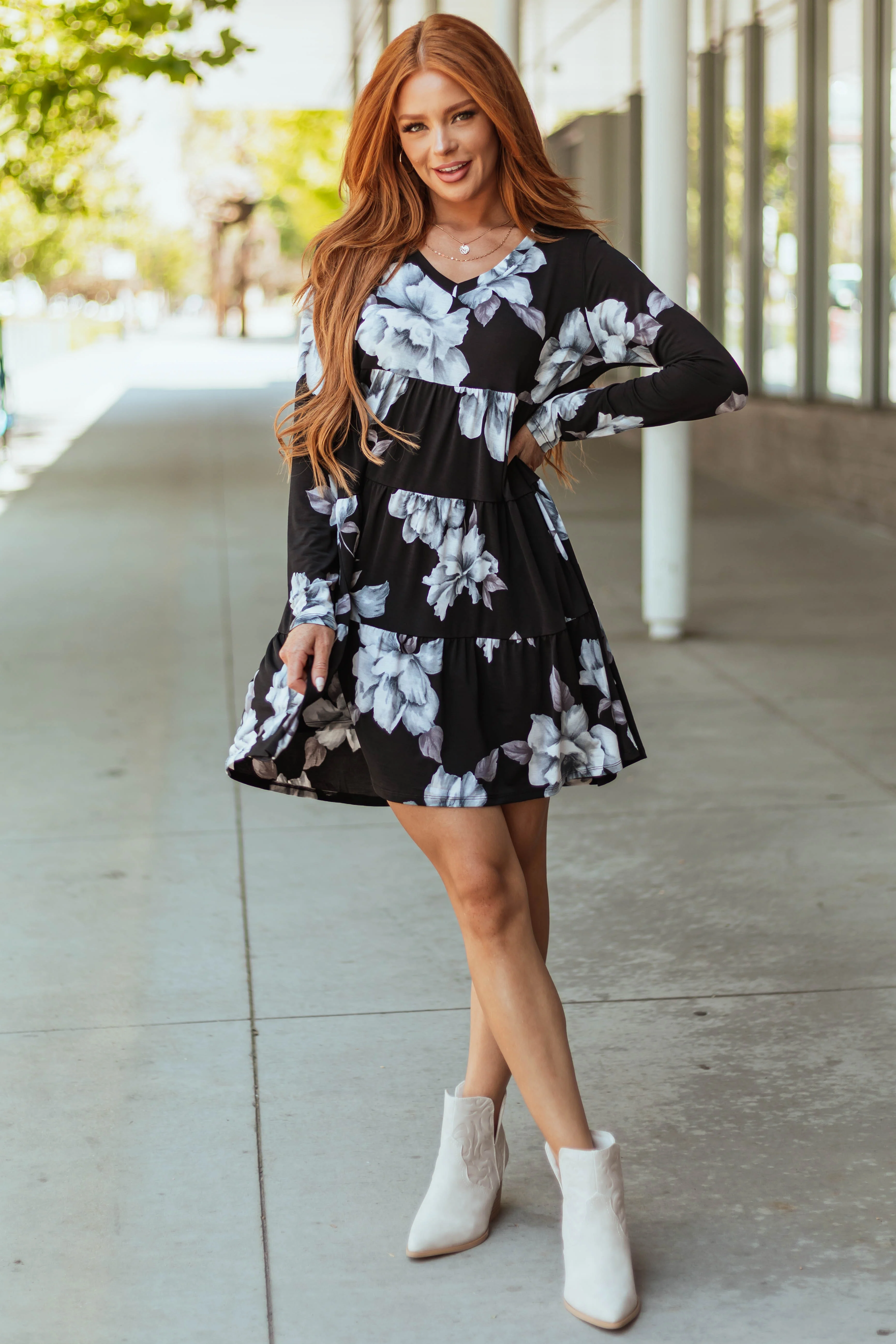Black Floral Print Tiered V Neck Mini Dress - LD SALE