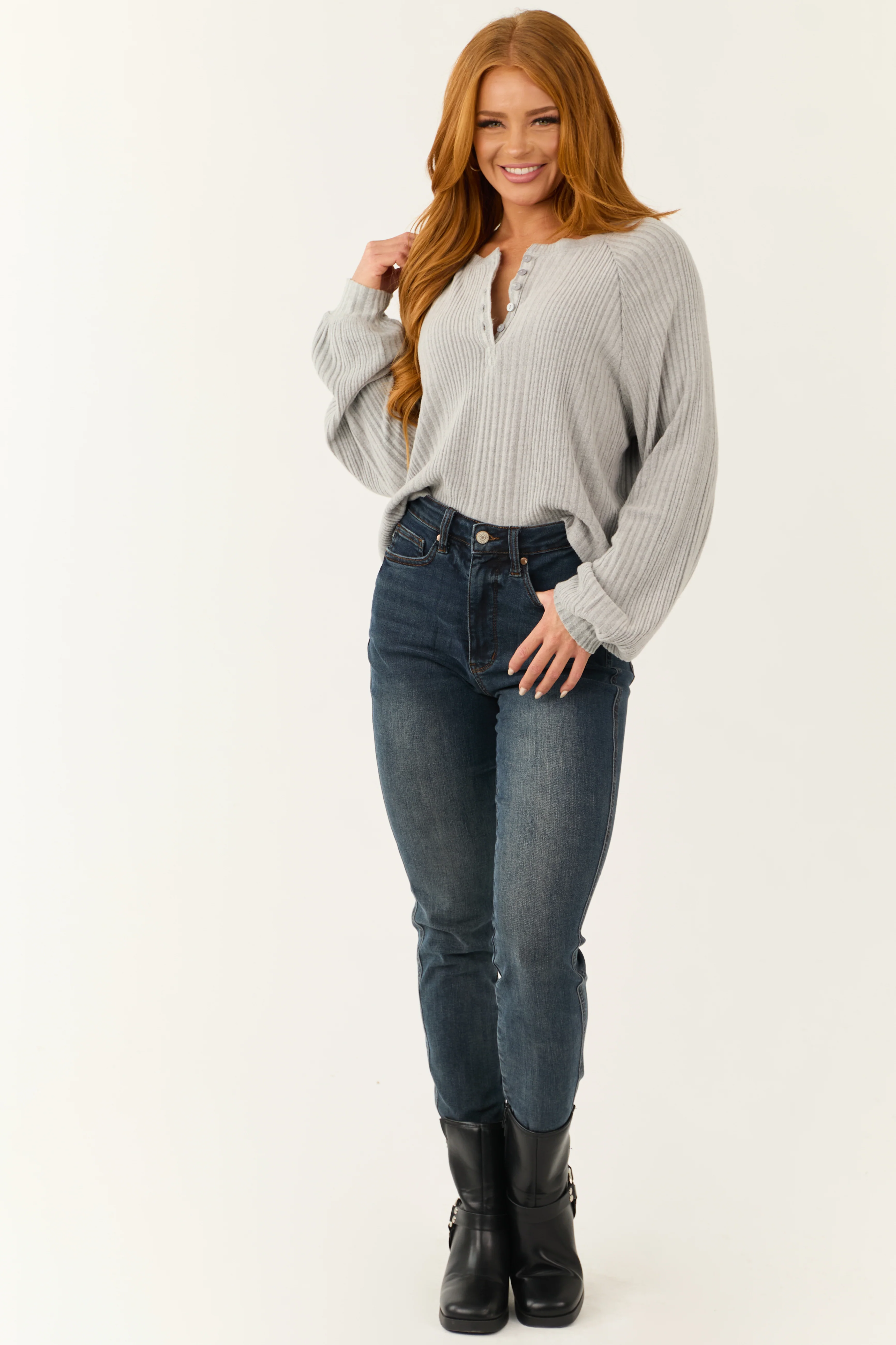 Light Slate Henley Ribbed Long Sleeve Top - LD SALE