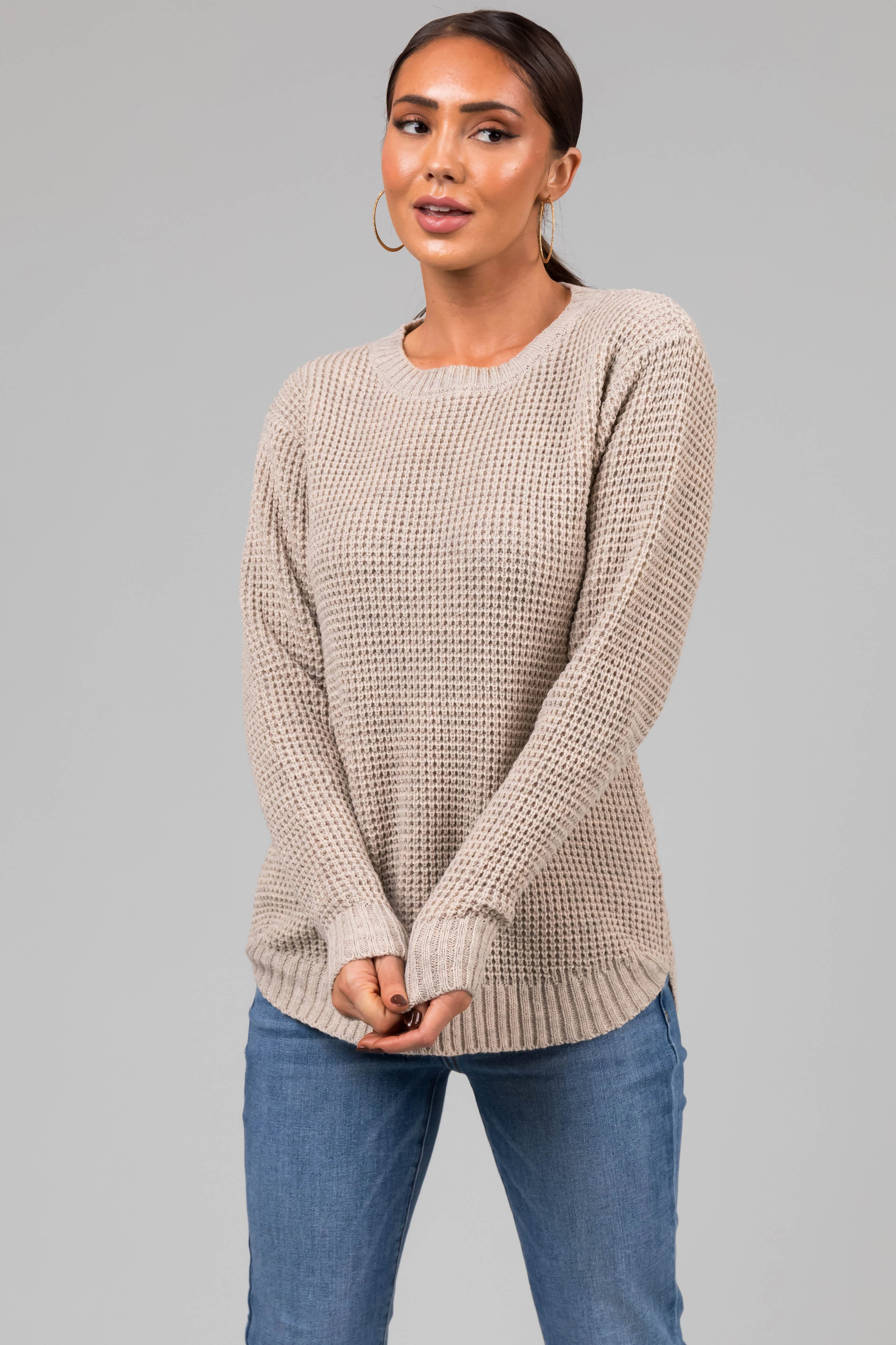 Oatmeal Thick Waffle Knit Curved Hem Sweater - LD SALE