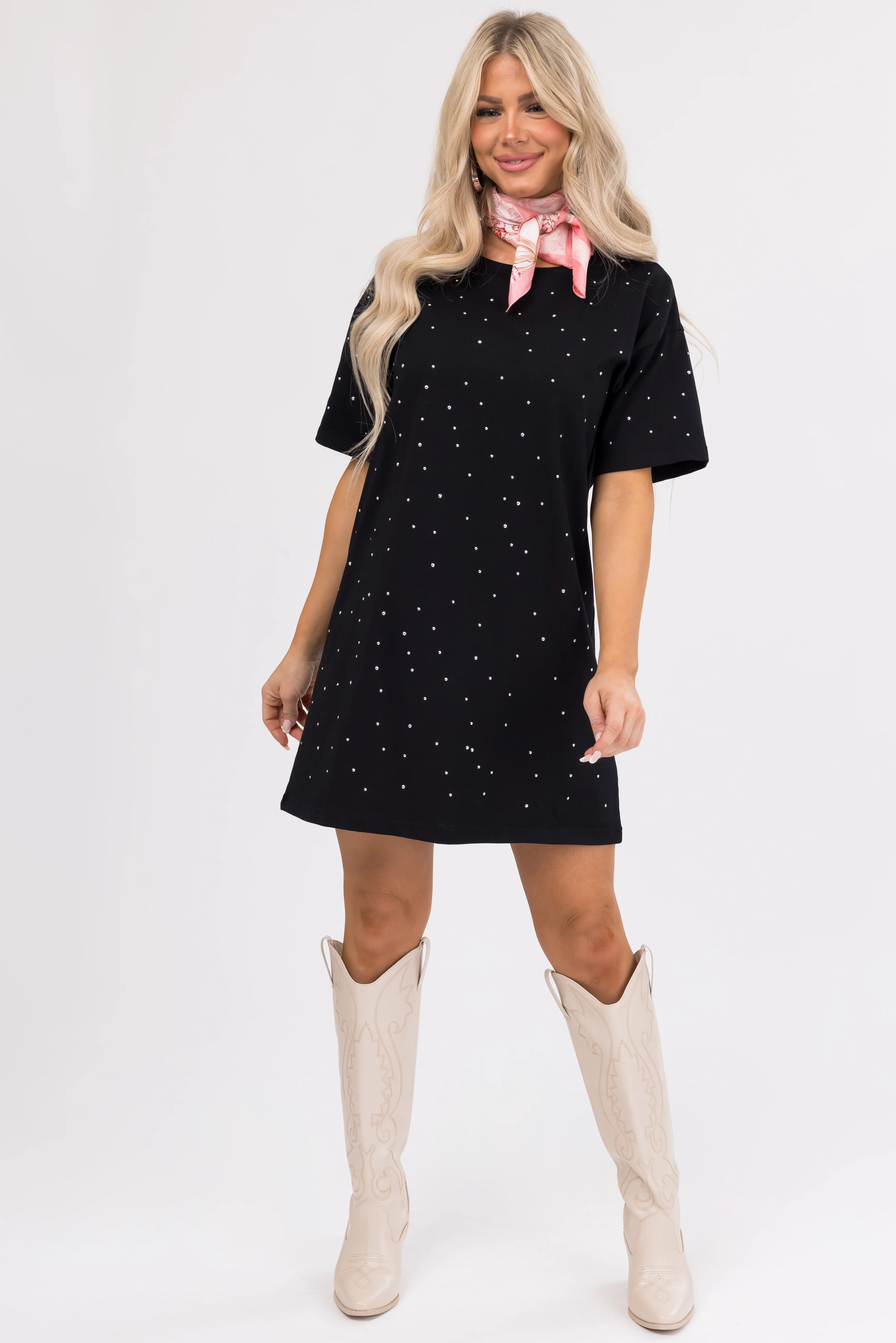 Black Studded Short Sleeve Mini Dress - LD SALE