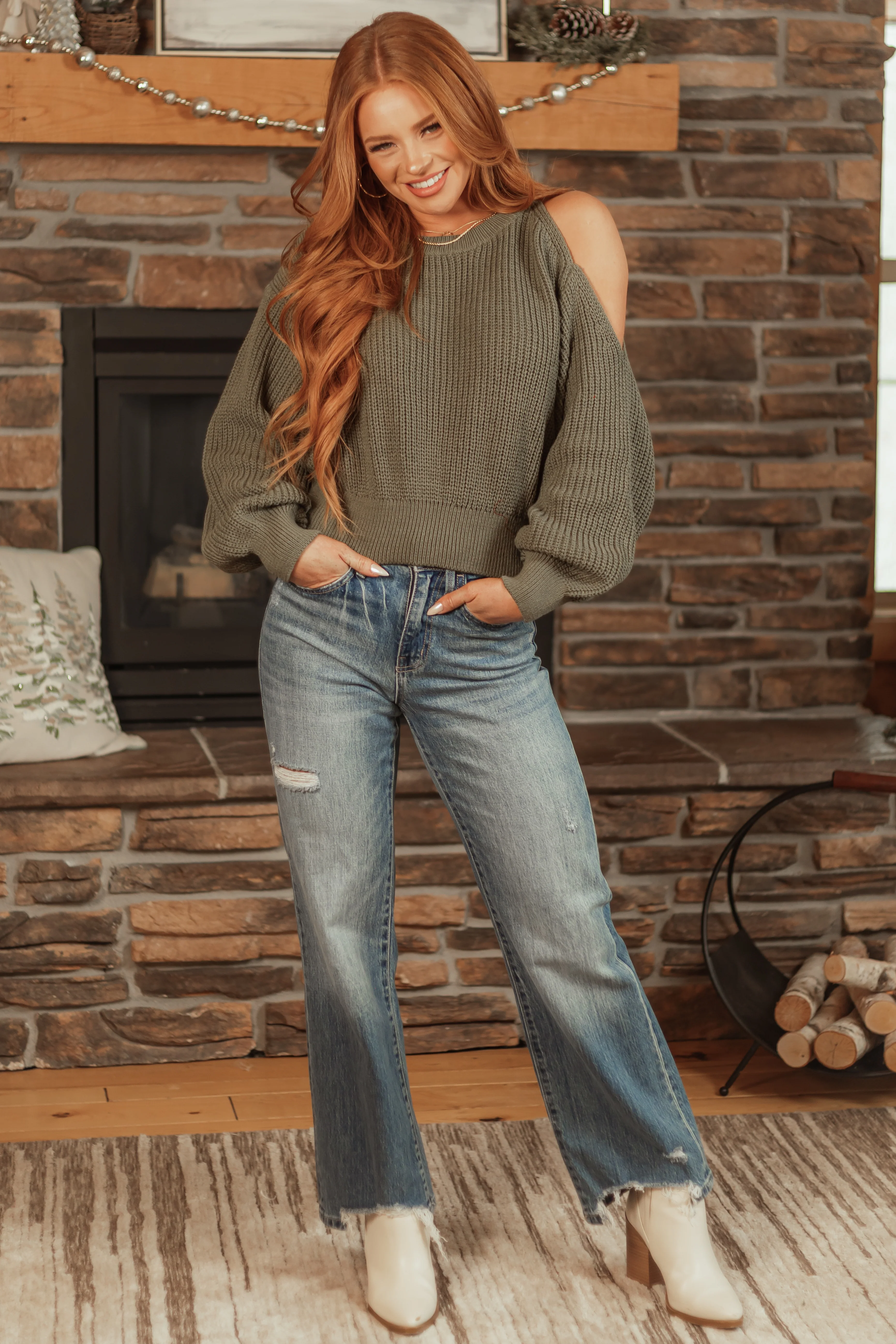 Olive Single Cold Shoulder Cropped Sweater - LD SALE