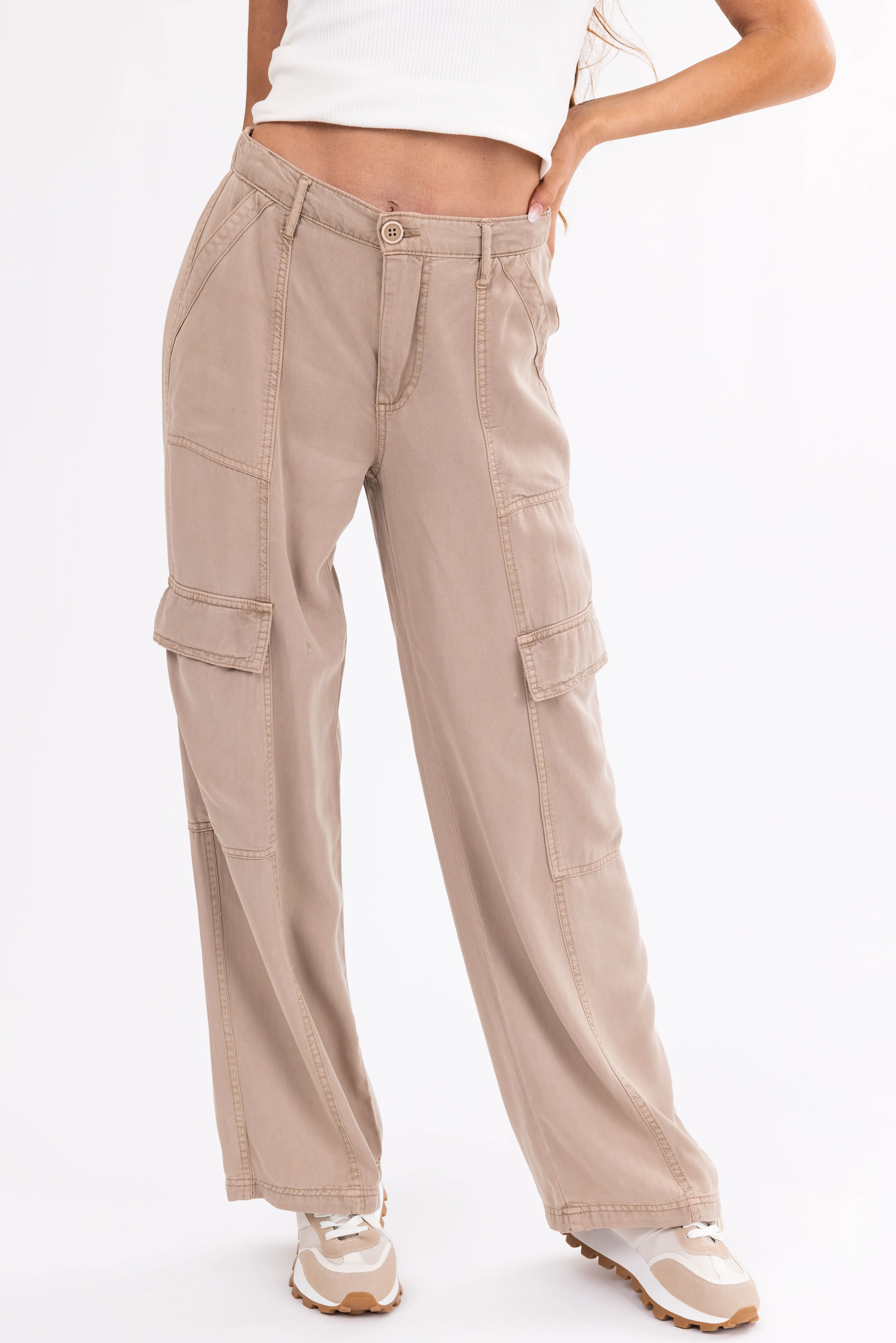 Risen Latte Wide Leg Tencel Cargo Pants - LD SALE