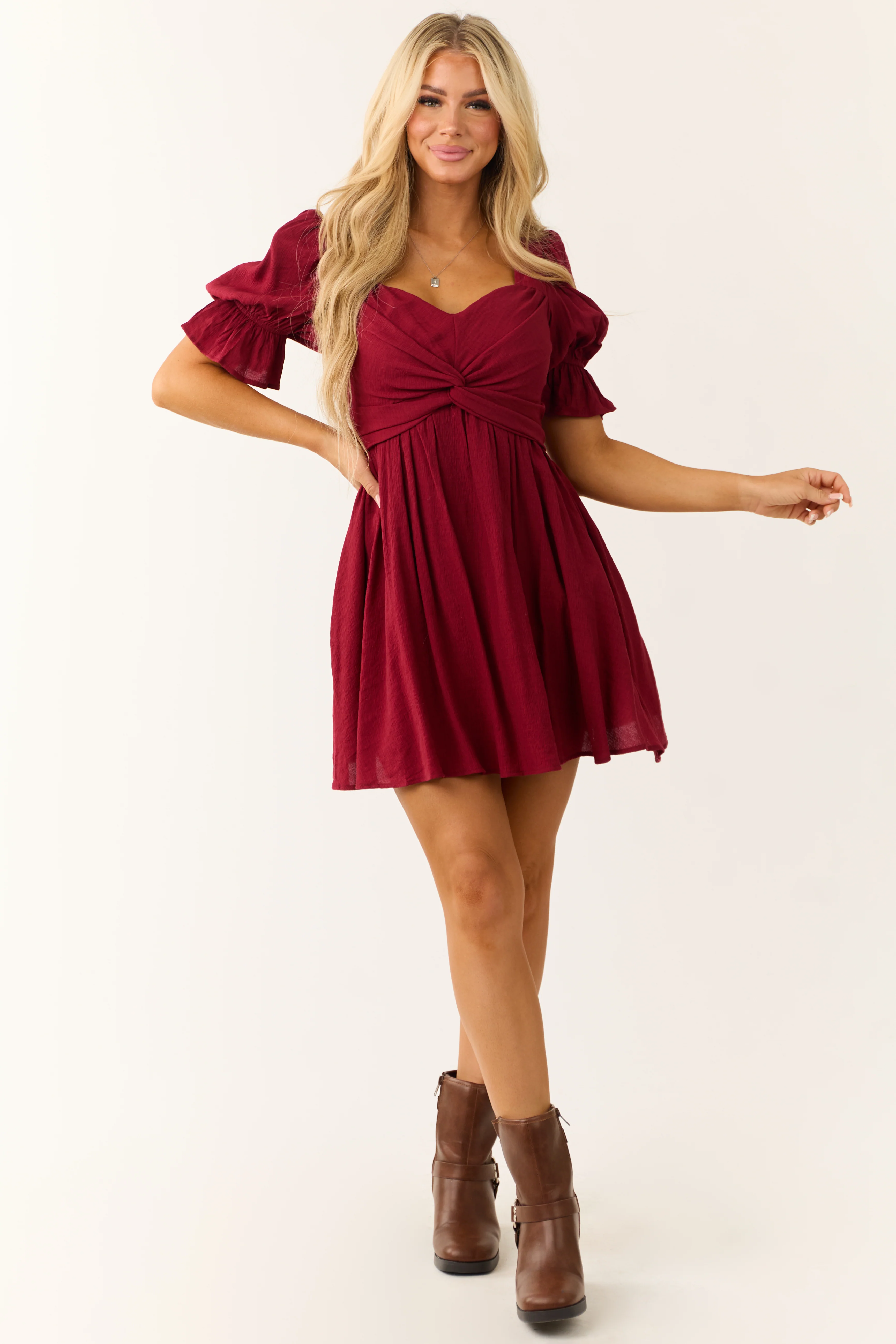Wine Half Puff Sleeve Short Dress with Waist Tie - LD SALE