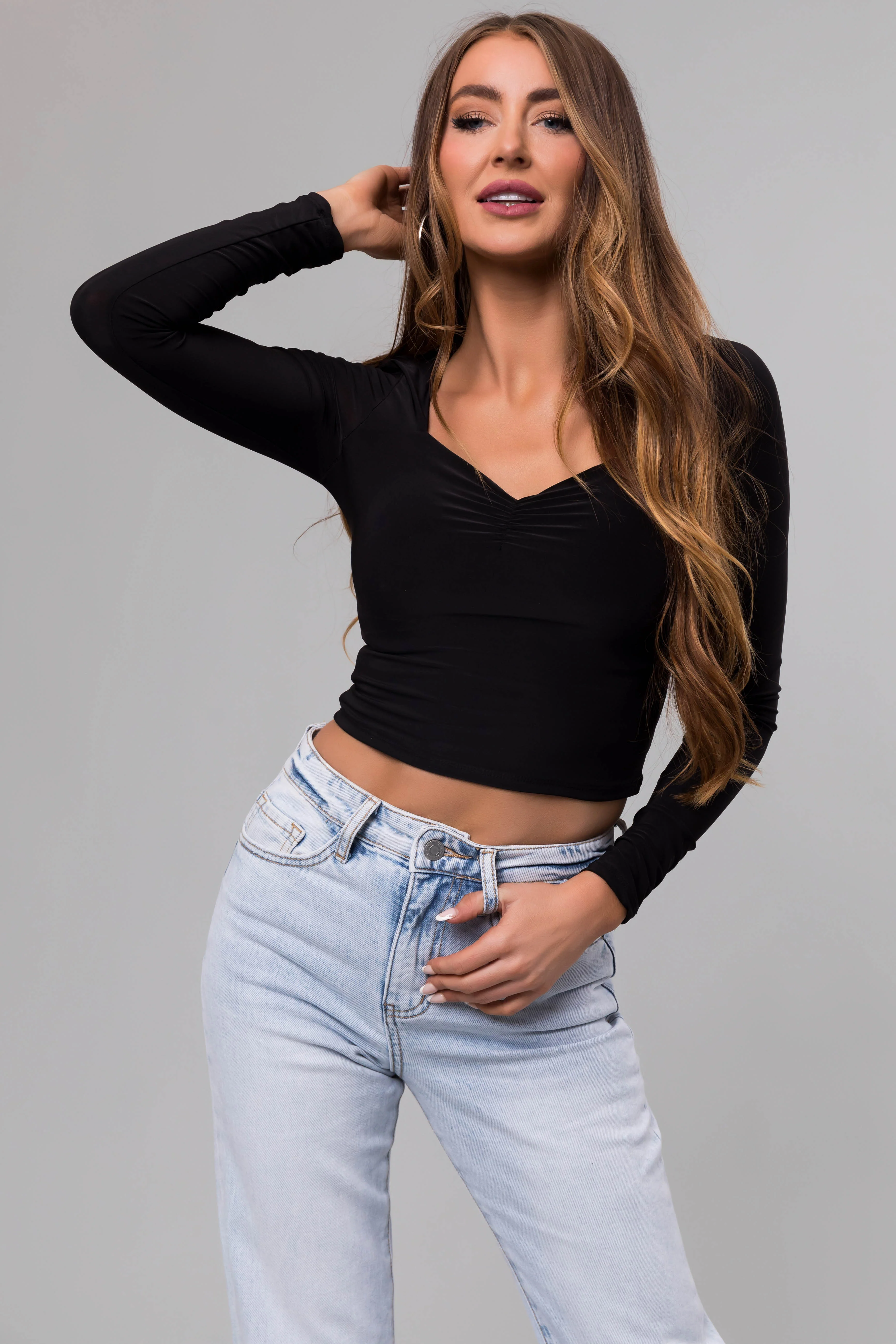 Black Sweetheart Neck Long Sleeve Crop Top - LD SALE