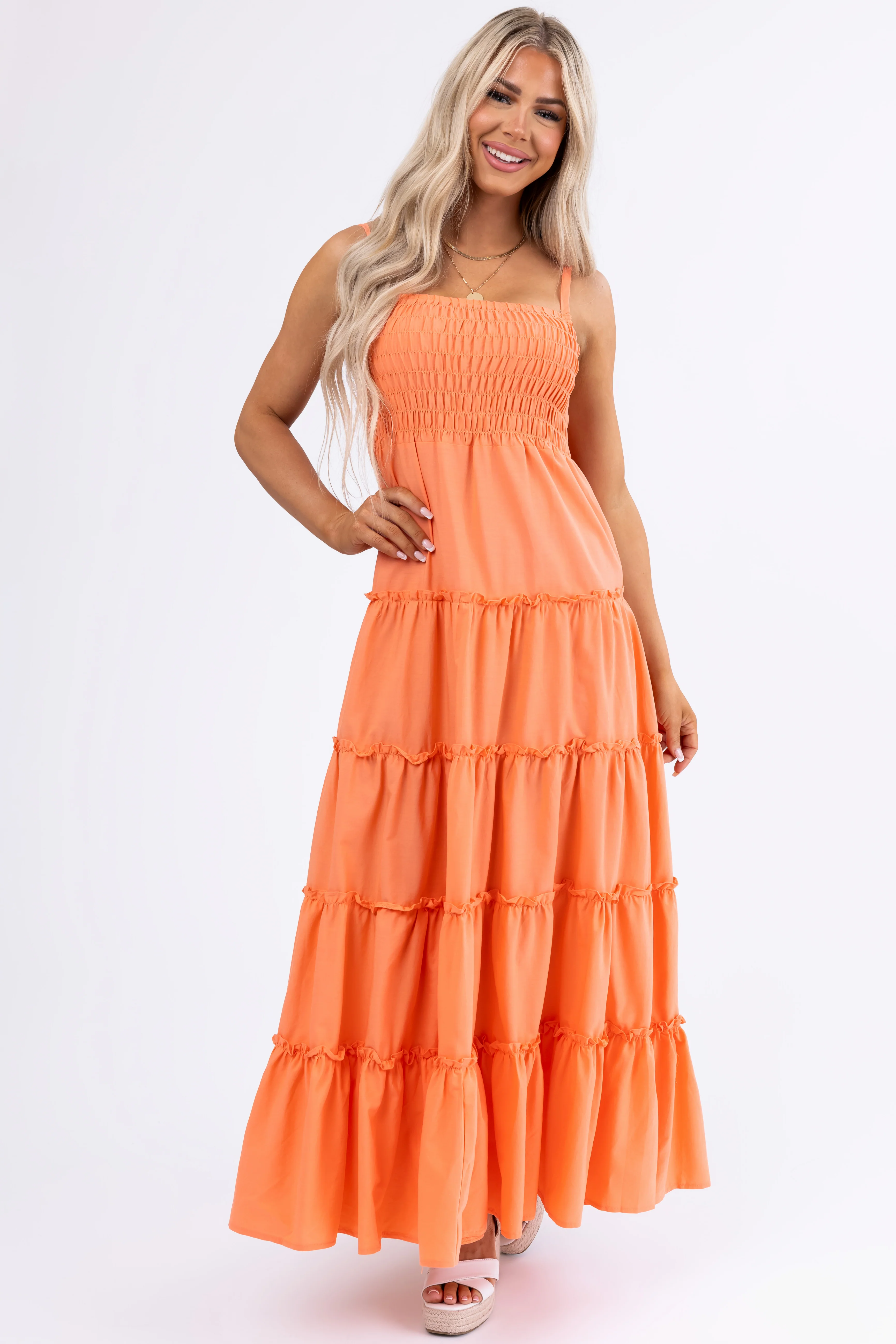 Coral Smocked Top Tiered Maxi Dress - LD SALE