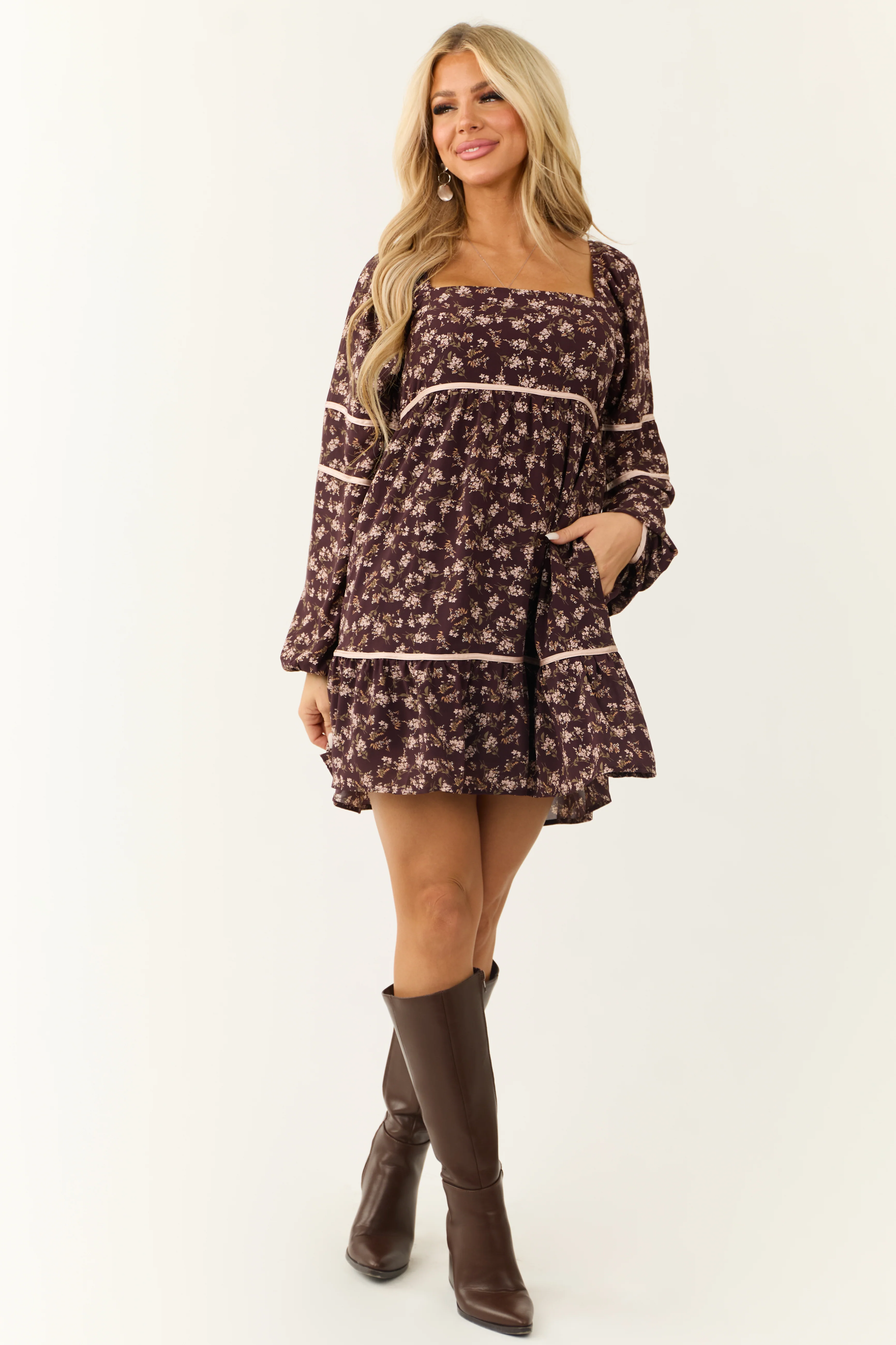 Chocolate Long Sleeve Floral Babydoll Short Dress - LD SALE
