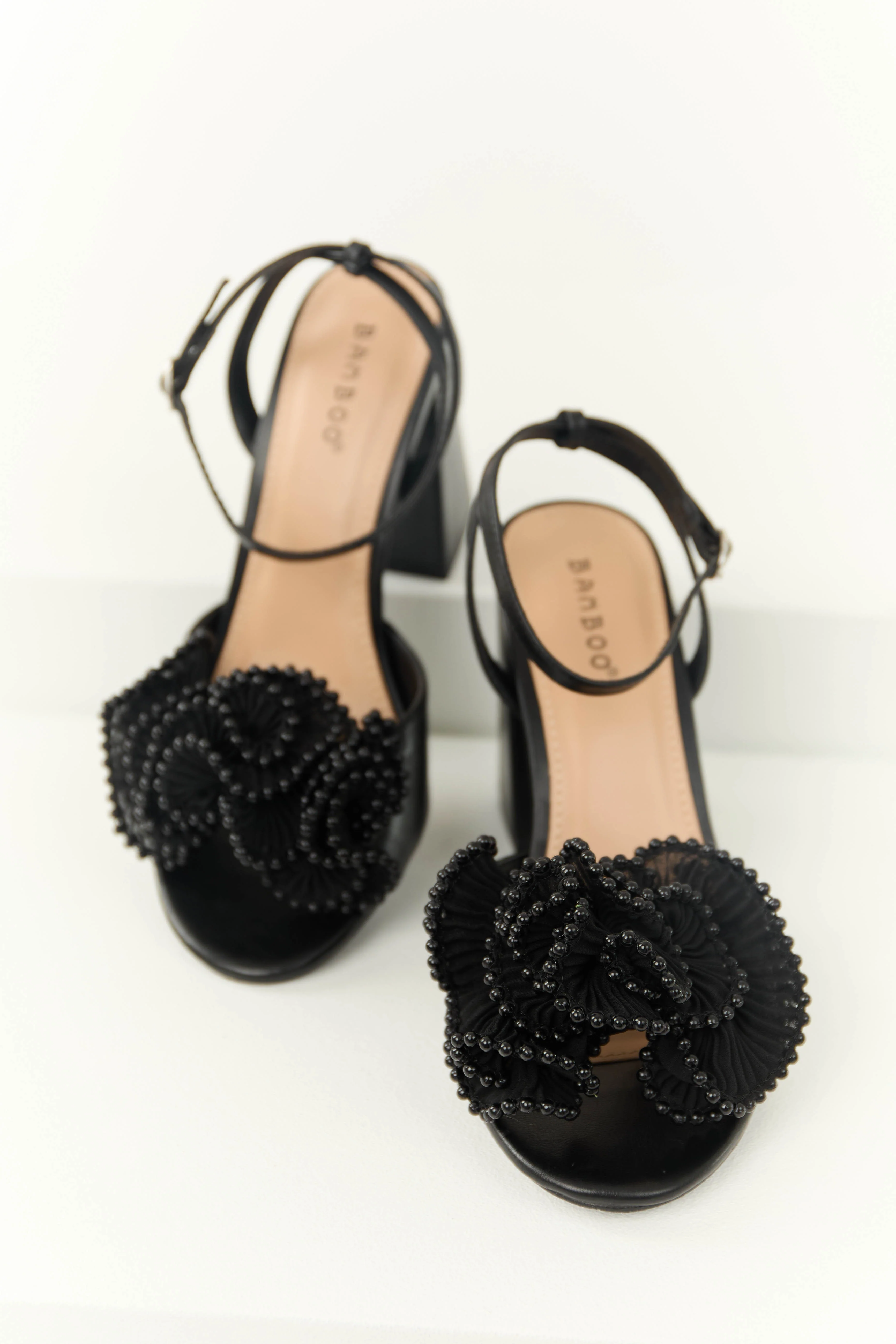 Black Beaded Ruffle Open Toe Block Heels - LD SALE