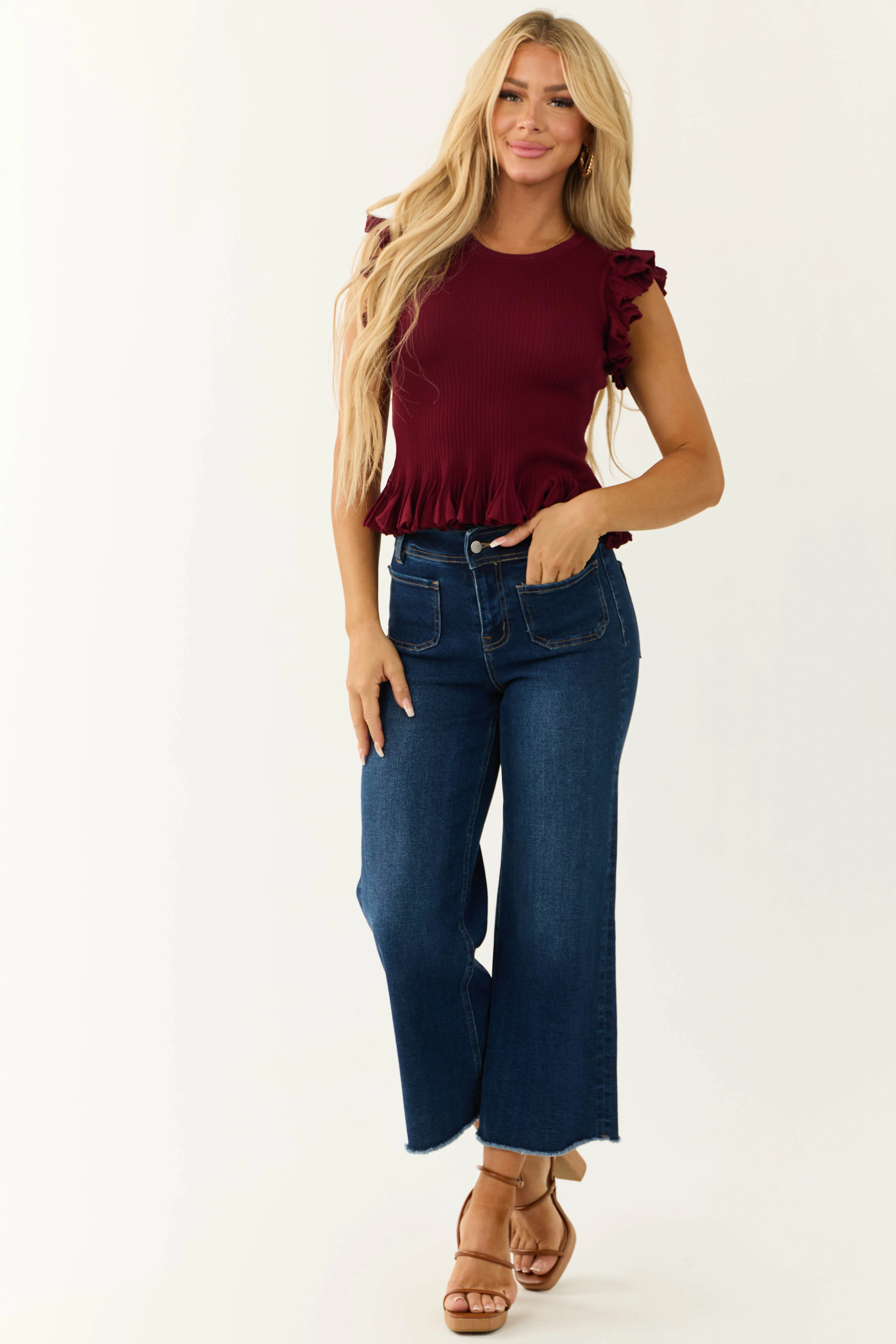 Wine Short Ruffle Sleeve Sweater Knit Top - LD SALE