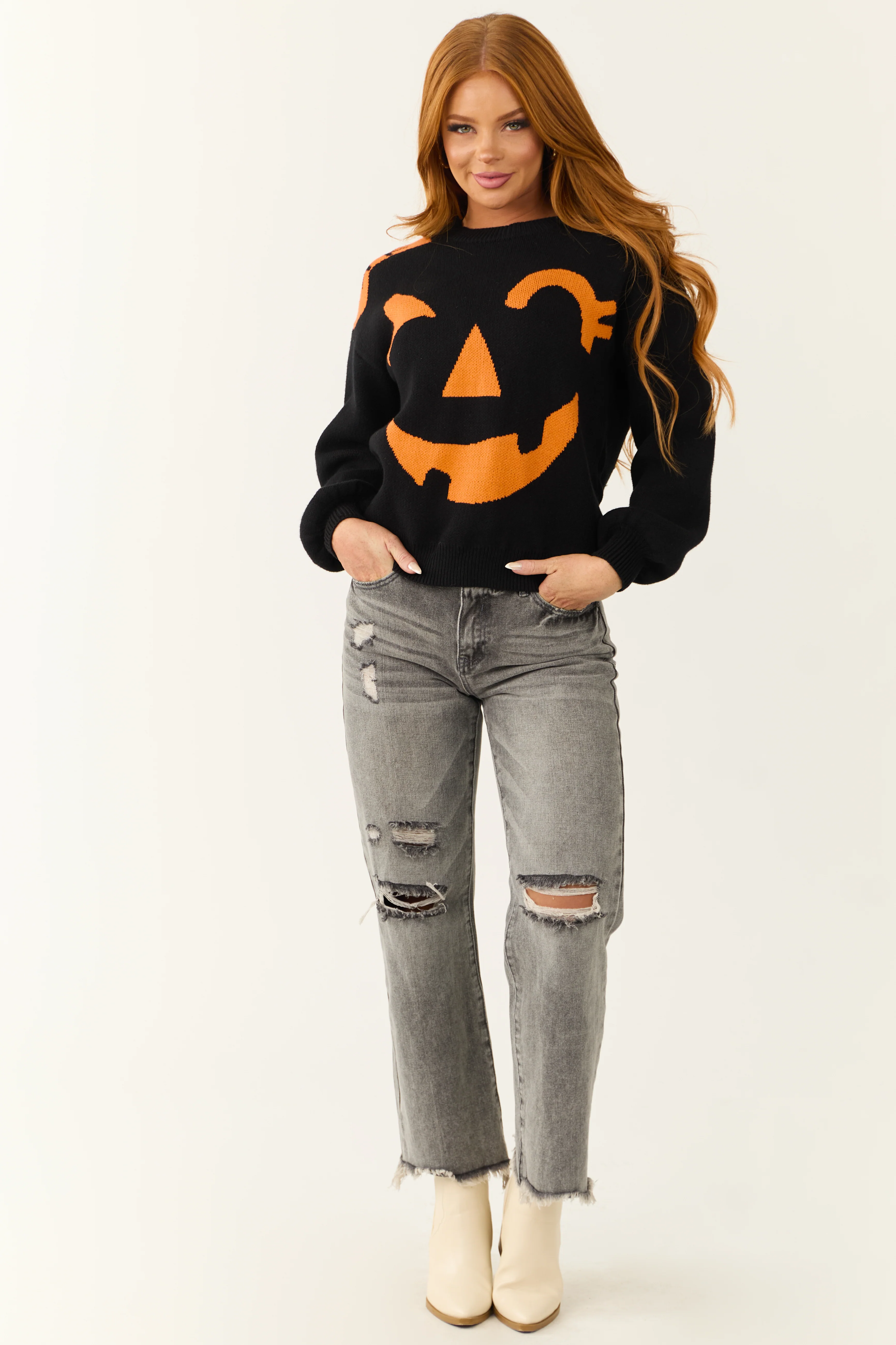 Black Jack-O-Lantern Graphic Soft Knit Sweater - LD SALE