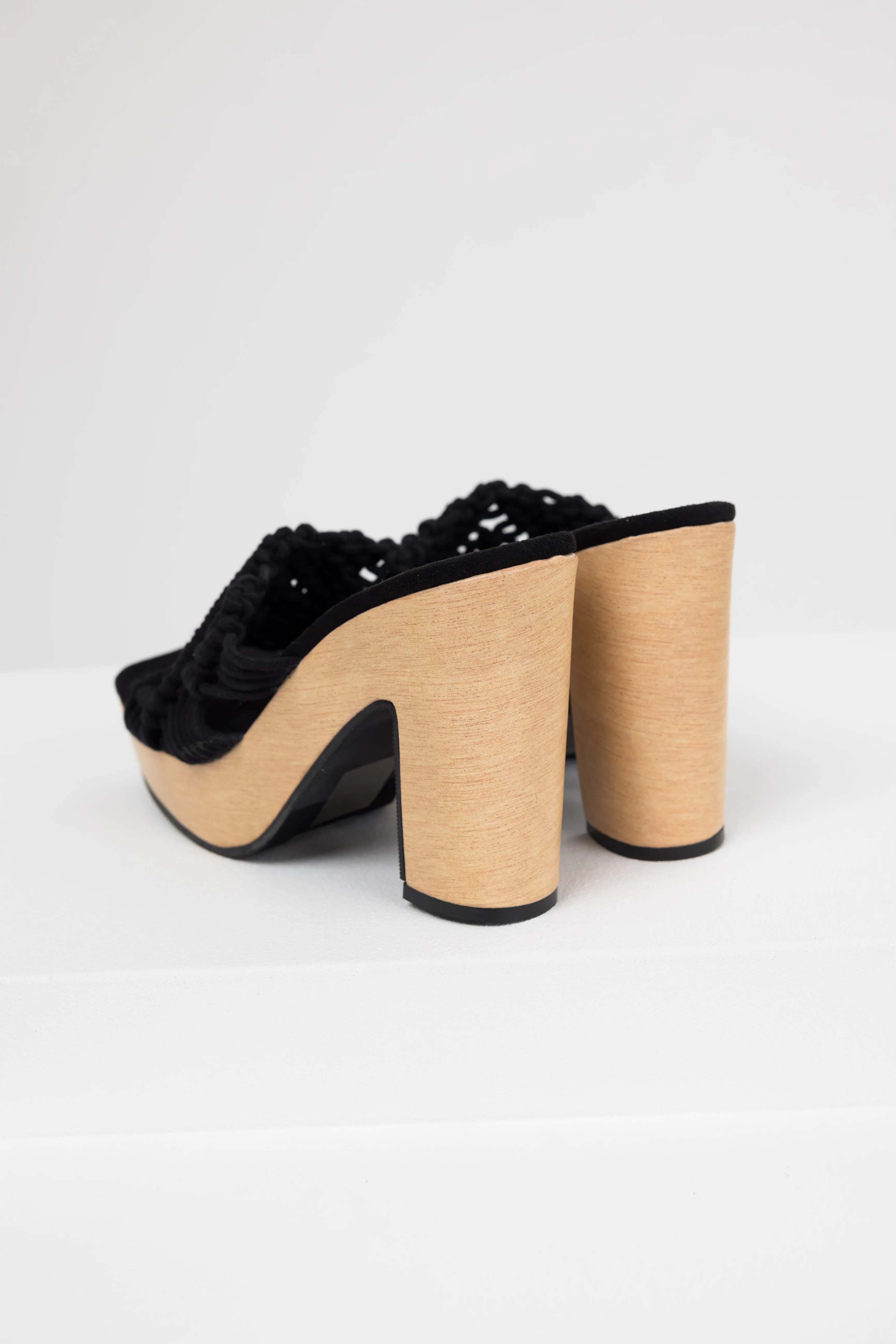 Black Crochet Strap Faux Wood Heels - LD SALE