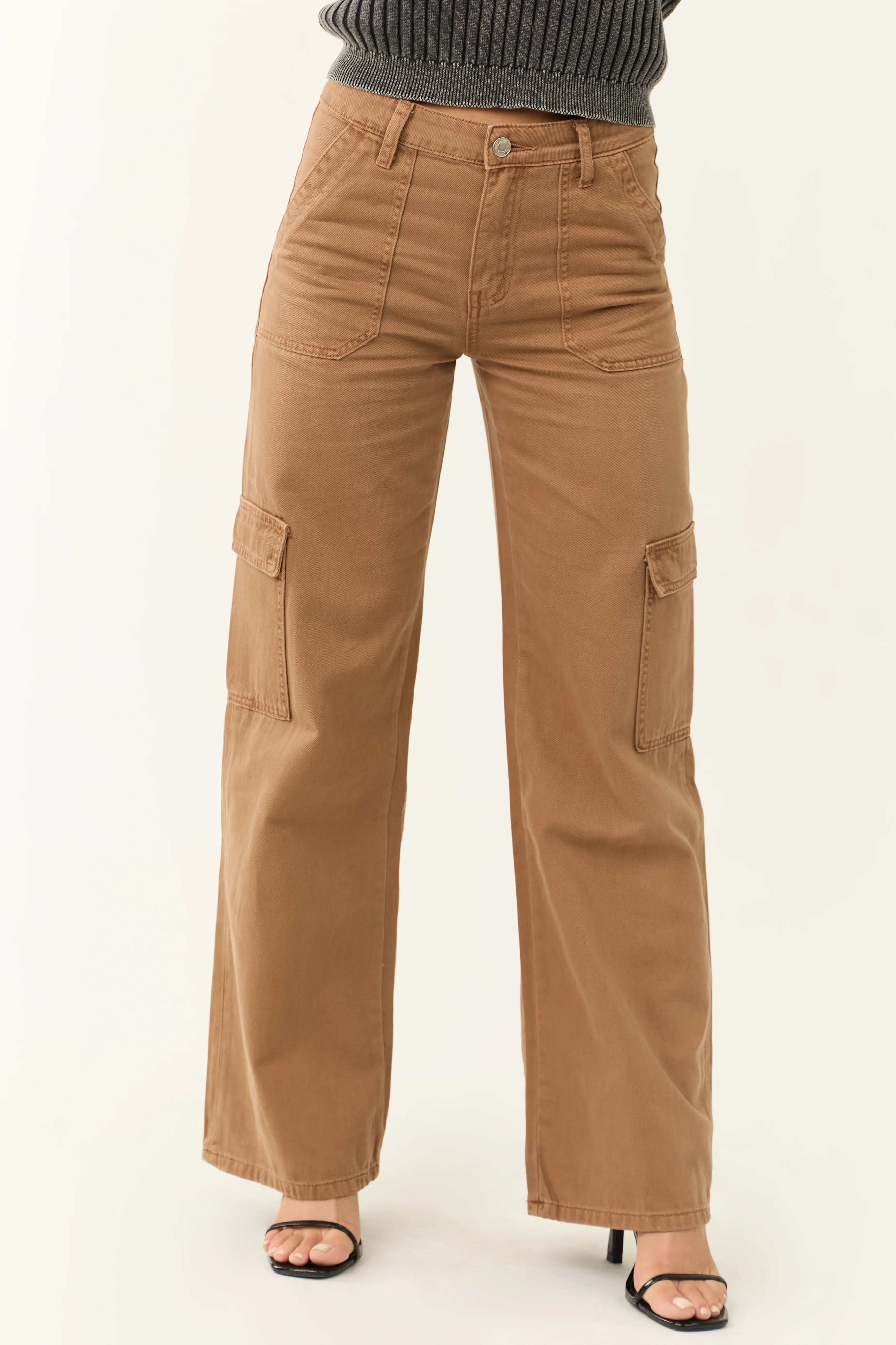 Vervet Coffee High Rise Wide Leg Cargo Jeans - LD SALE