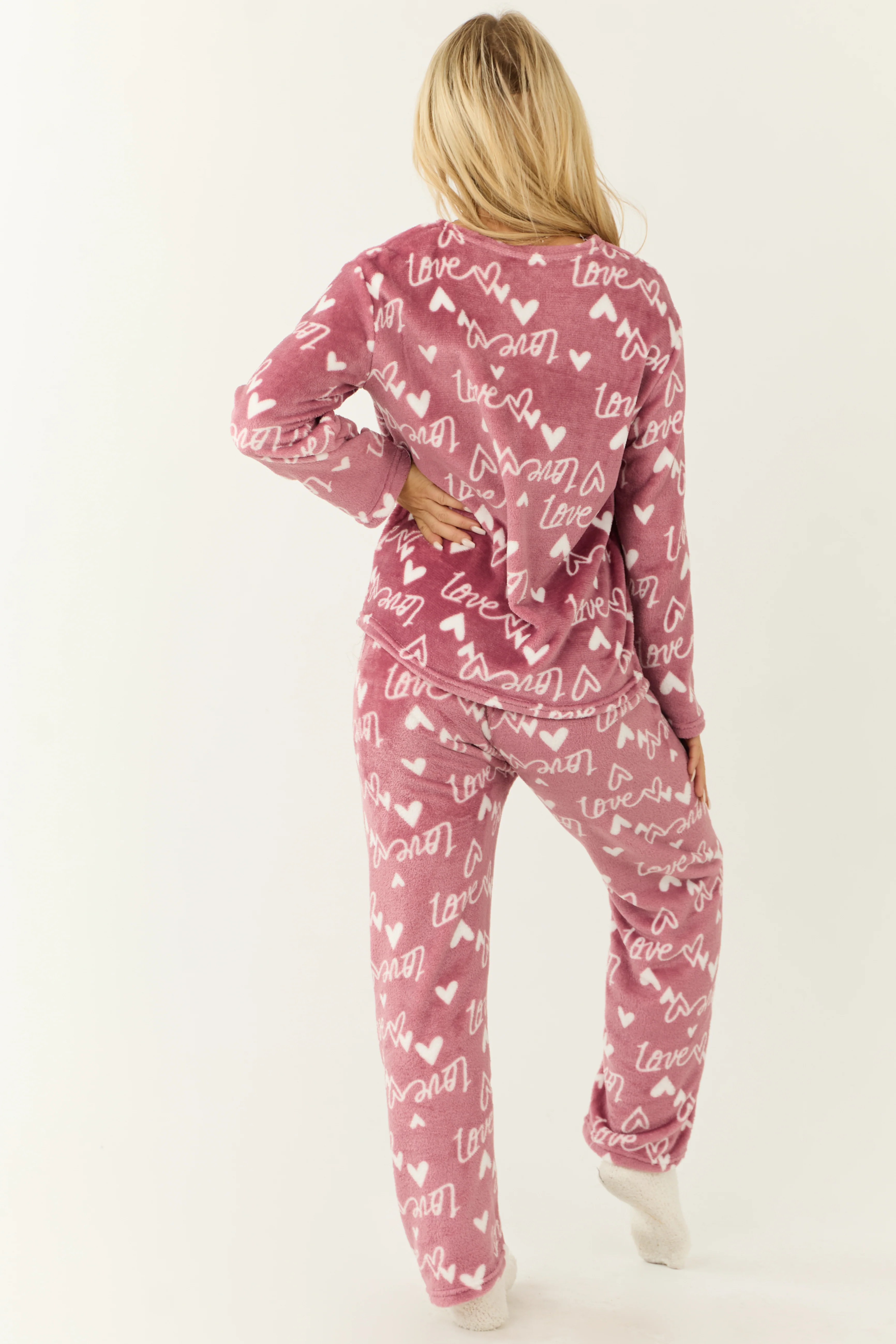 Dusty Blush Heart Love Print 2 Piece Soft Pajama Set - LD SALE