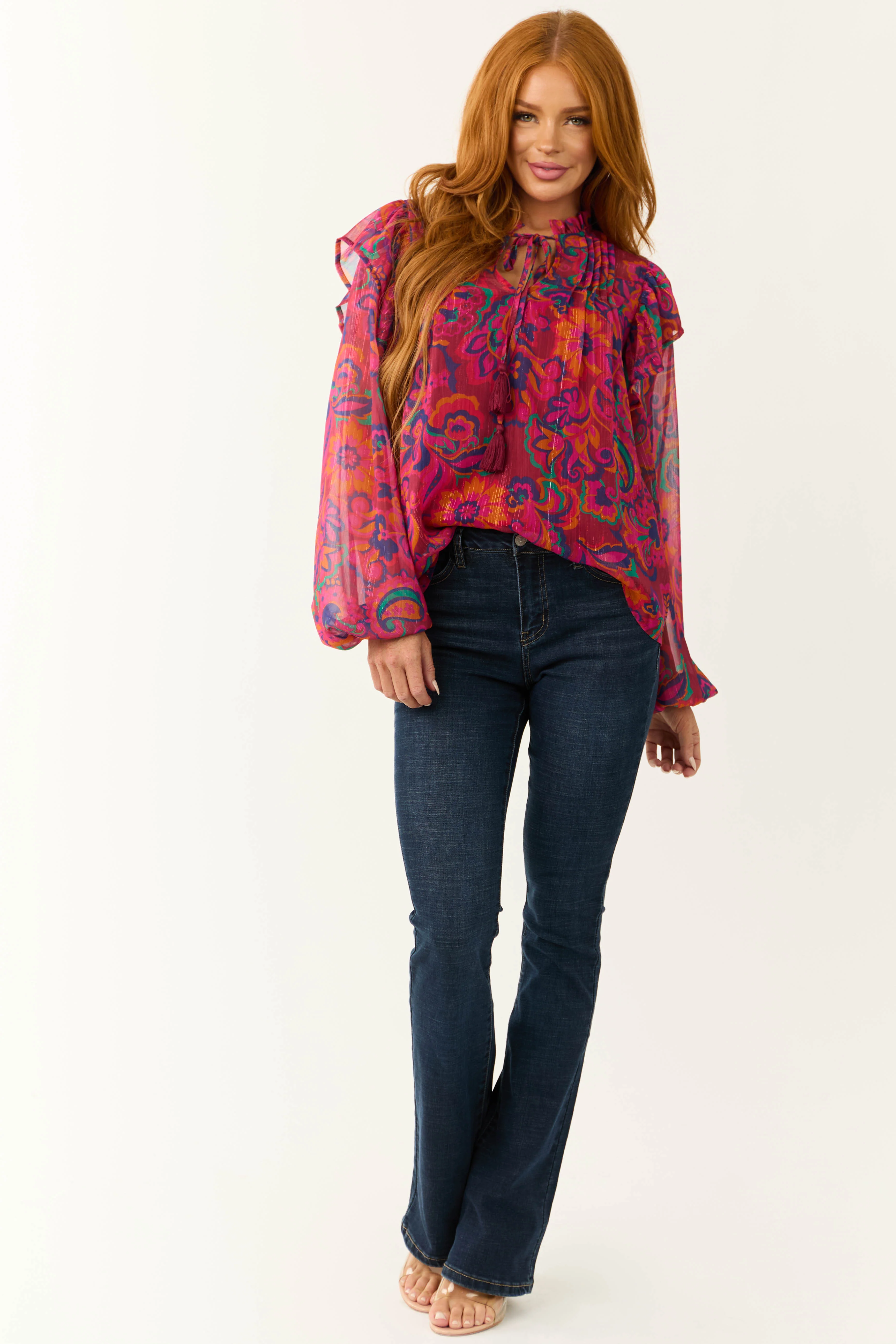 Flying Tomato Magenta Floral Print Ruffle Blouse - LD SALE