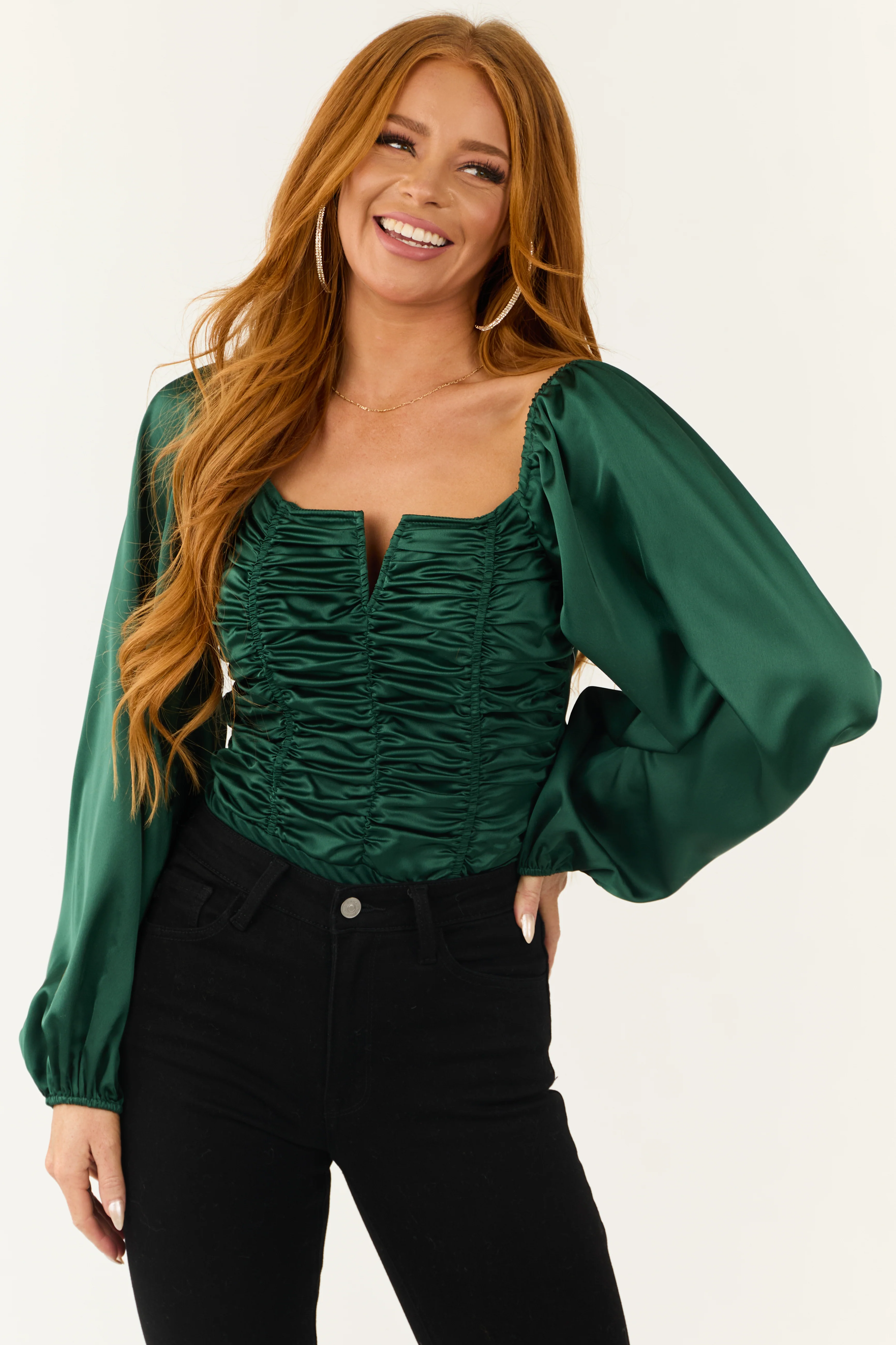 Deep Pine Long Bubble Sleeve Ruched Satin Bodysuit - LD SALE