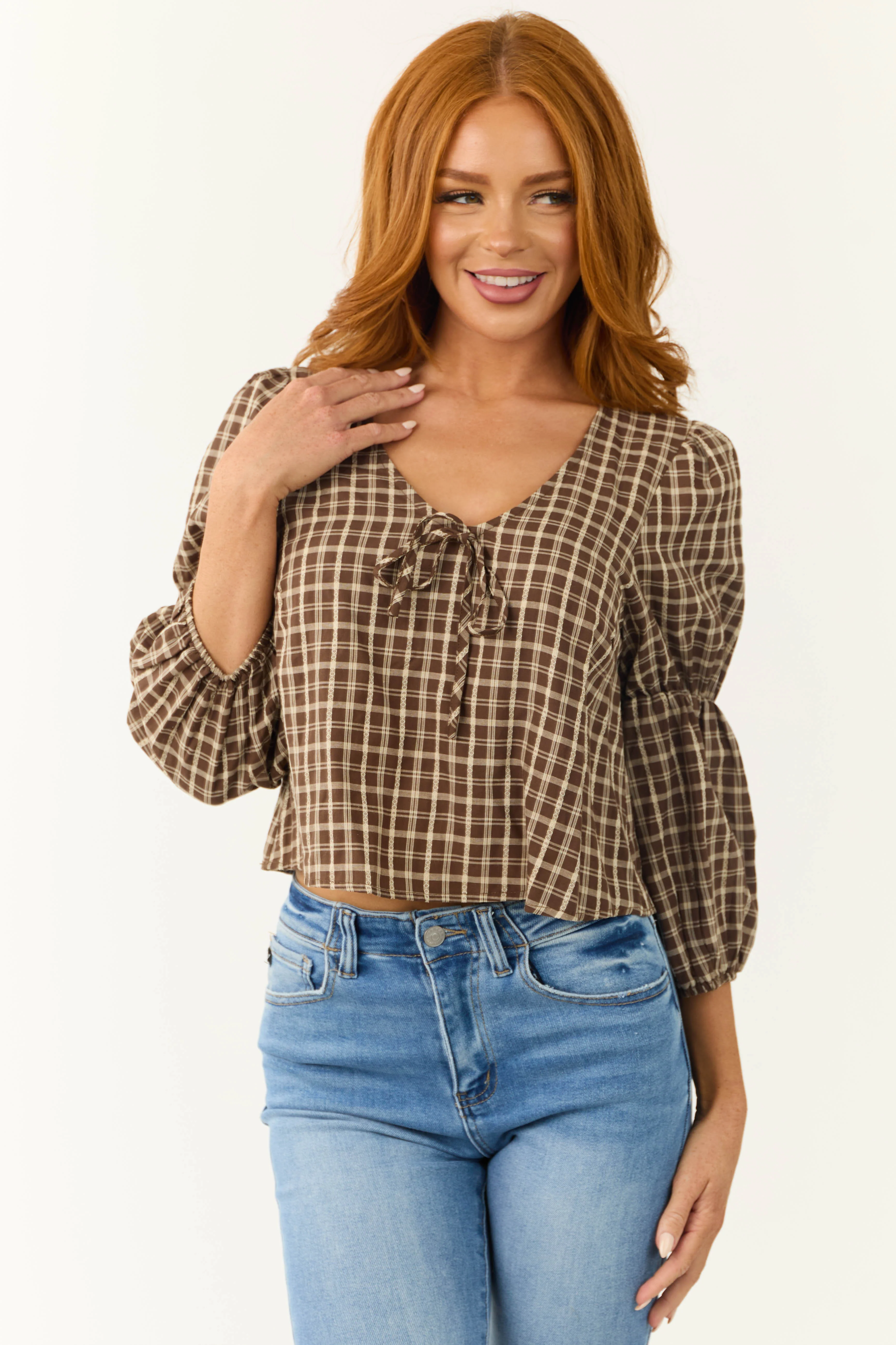 Walnut Plaid 3/4 Cinch Sleeve Top - LD SALE