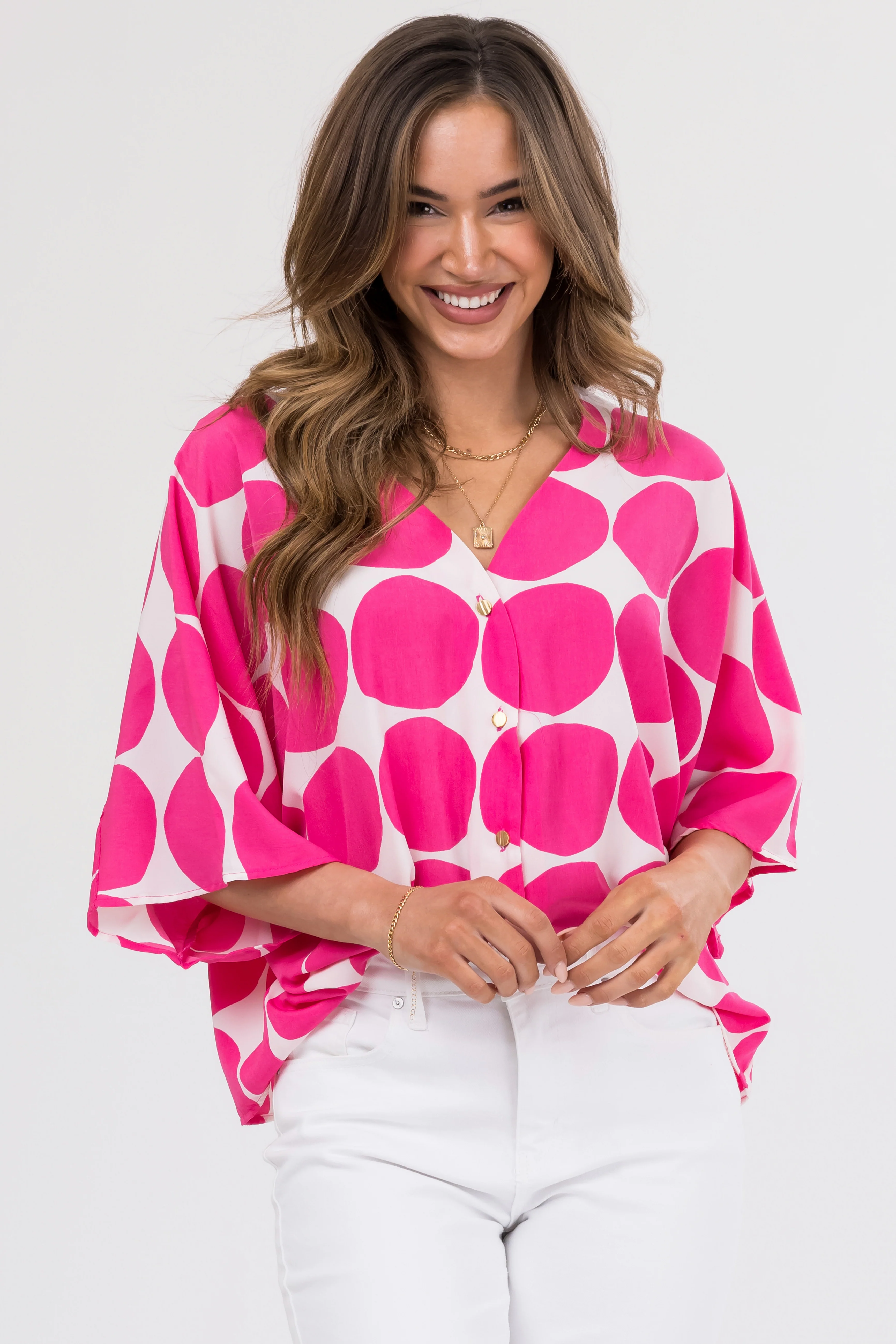 Raspberry Dot Print V Neck Oversized Blouse - LD SALE
