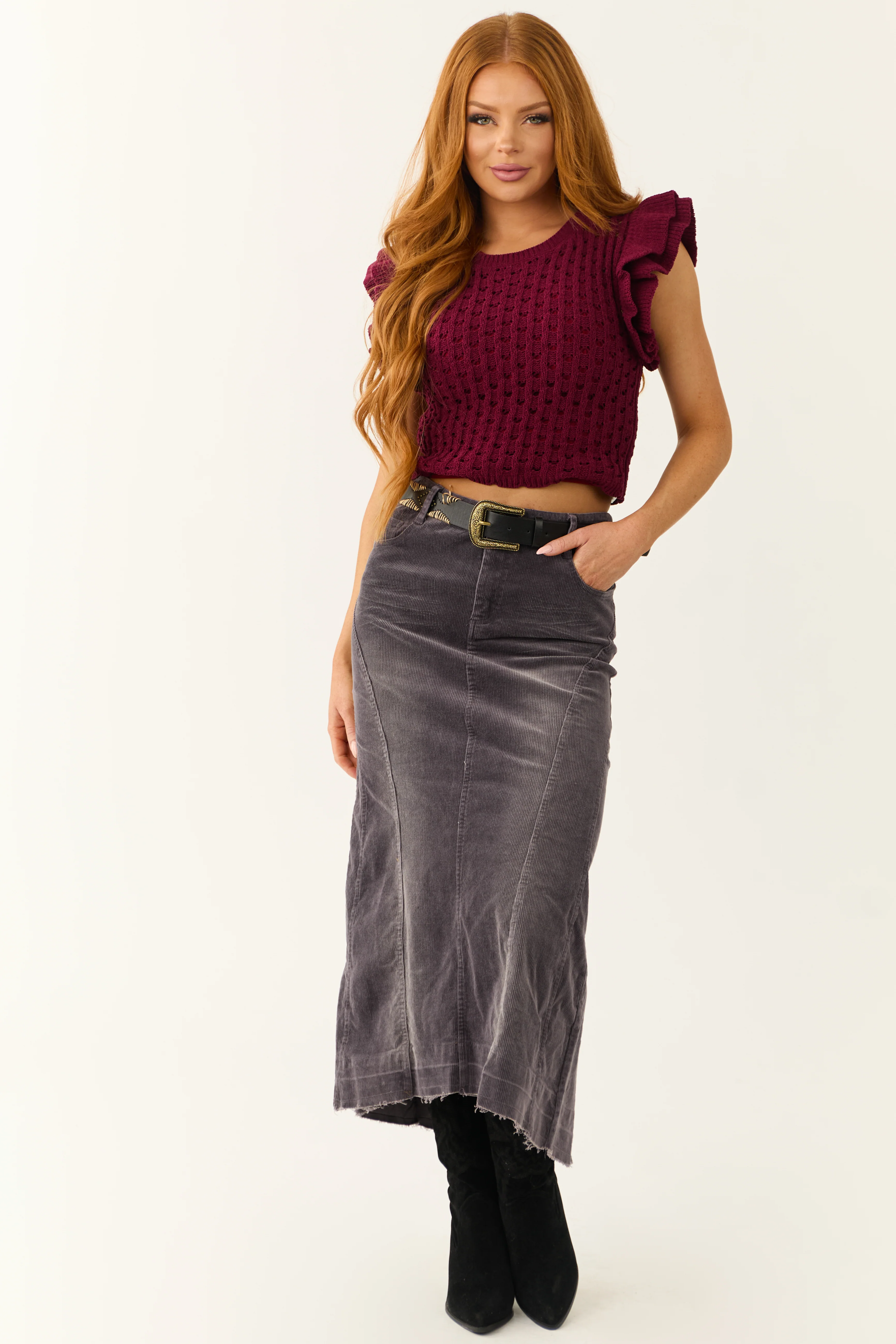 Wine Open Sweater Knit Ruffle Sleeve Top - LD SALE