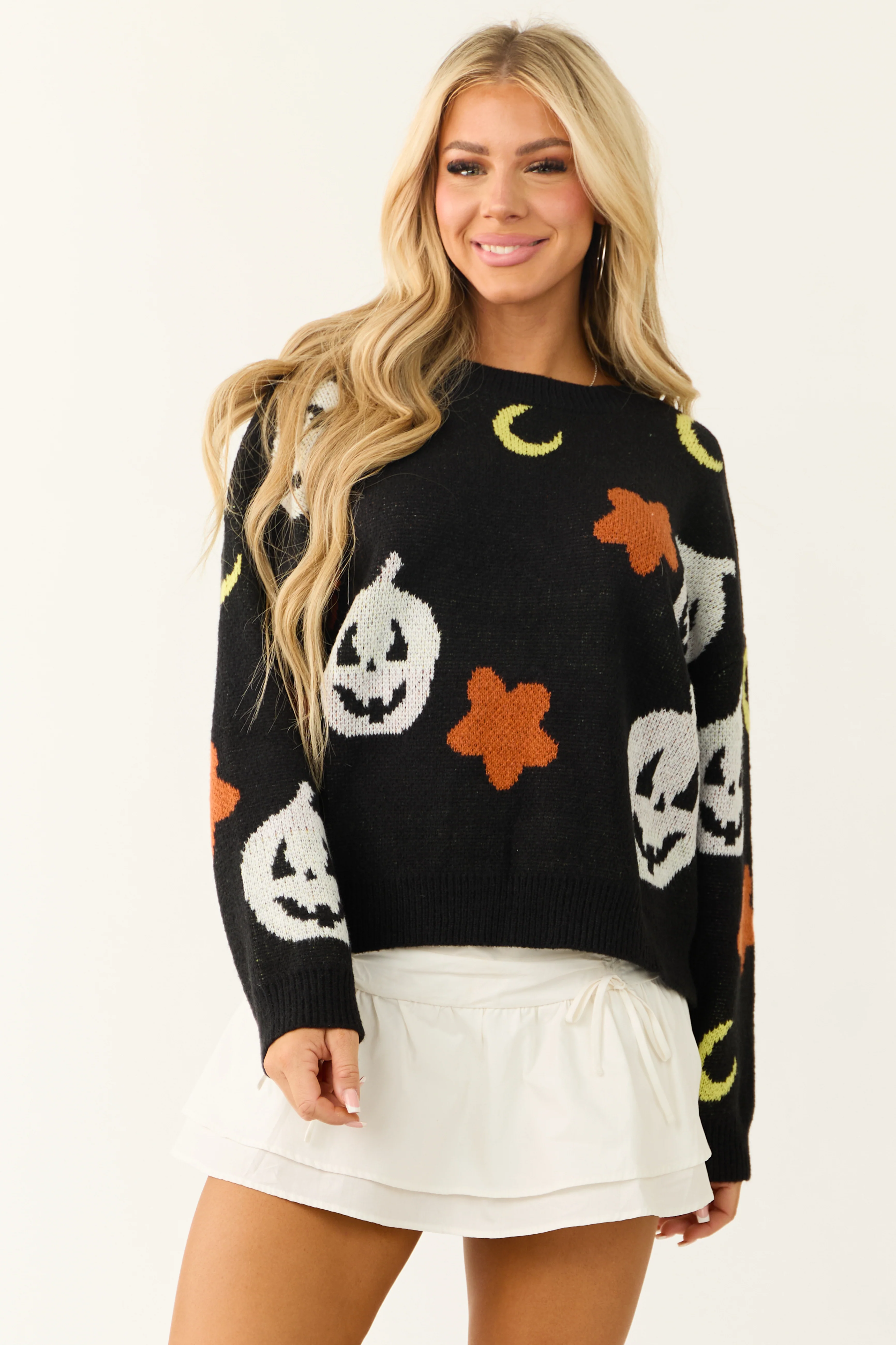 Black Halloween Print Long Sleeve Sweater - LD SALE