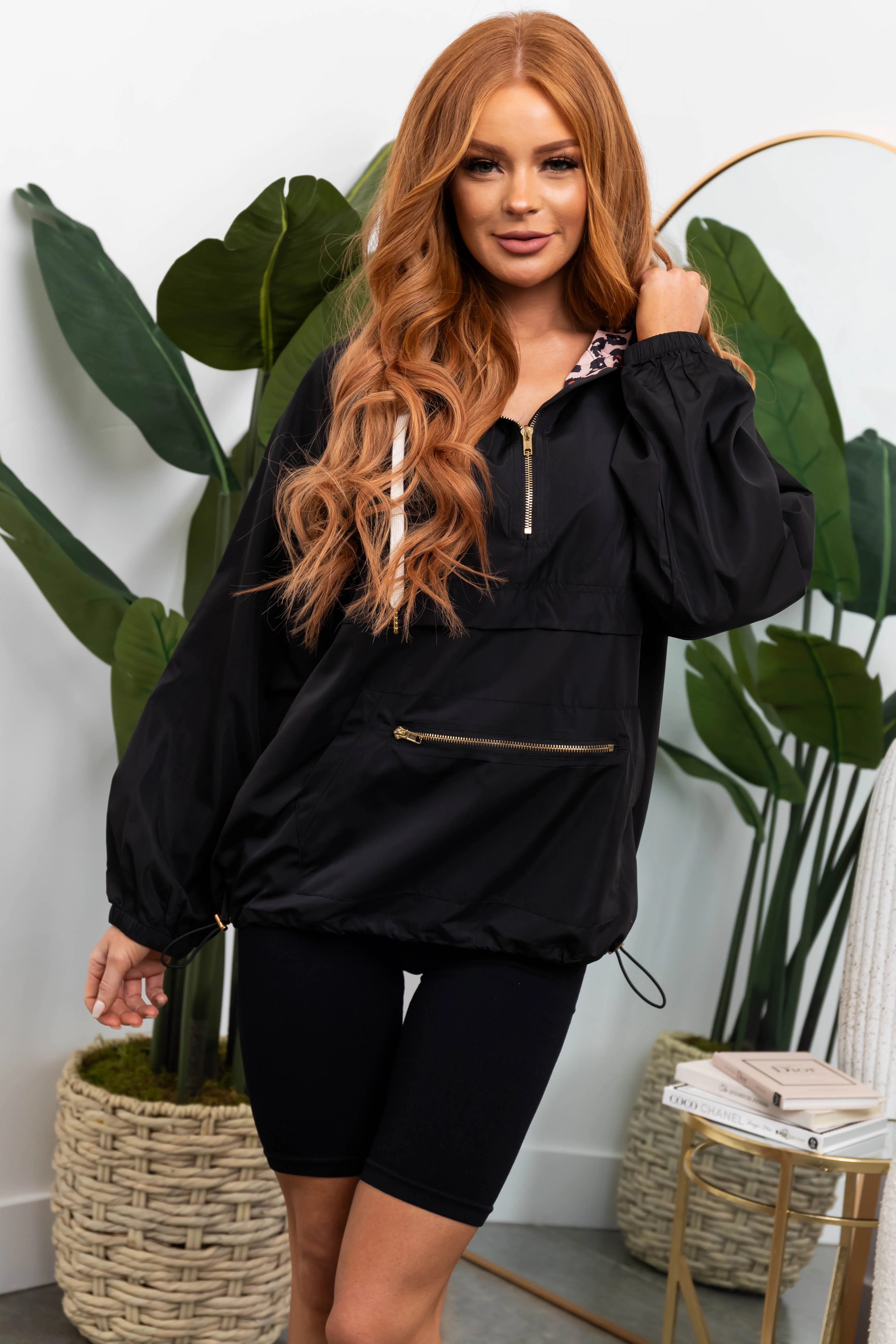 Black Half Zip Windbreaker with Leopard Hood - LD SALE