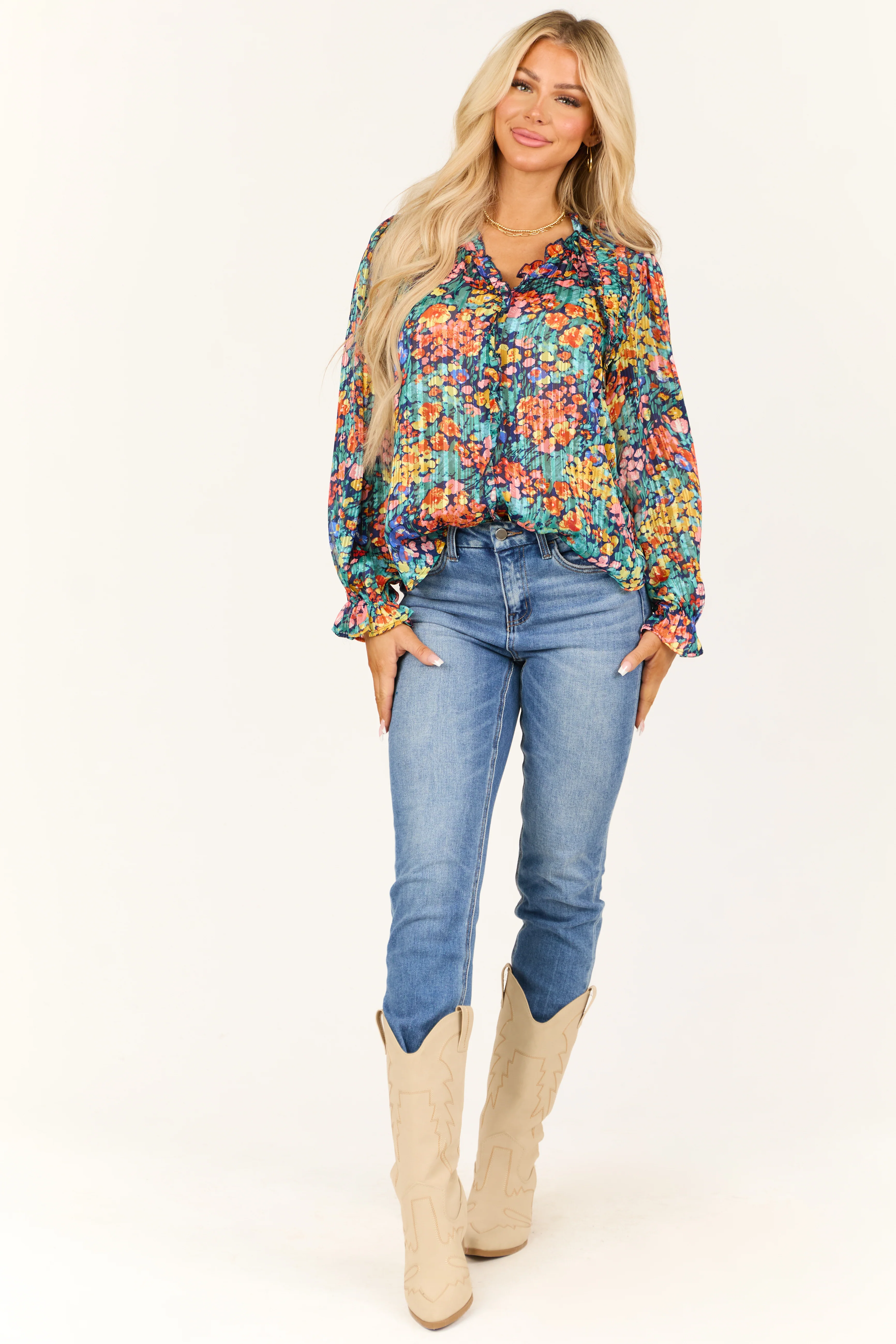 Teal Colorful Floral Lurex Frill V Neck Blouse - LD SALE