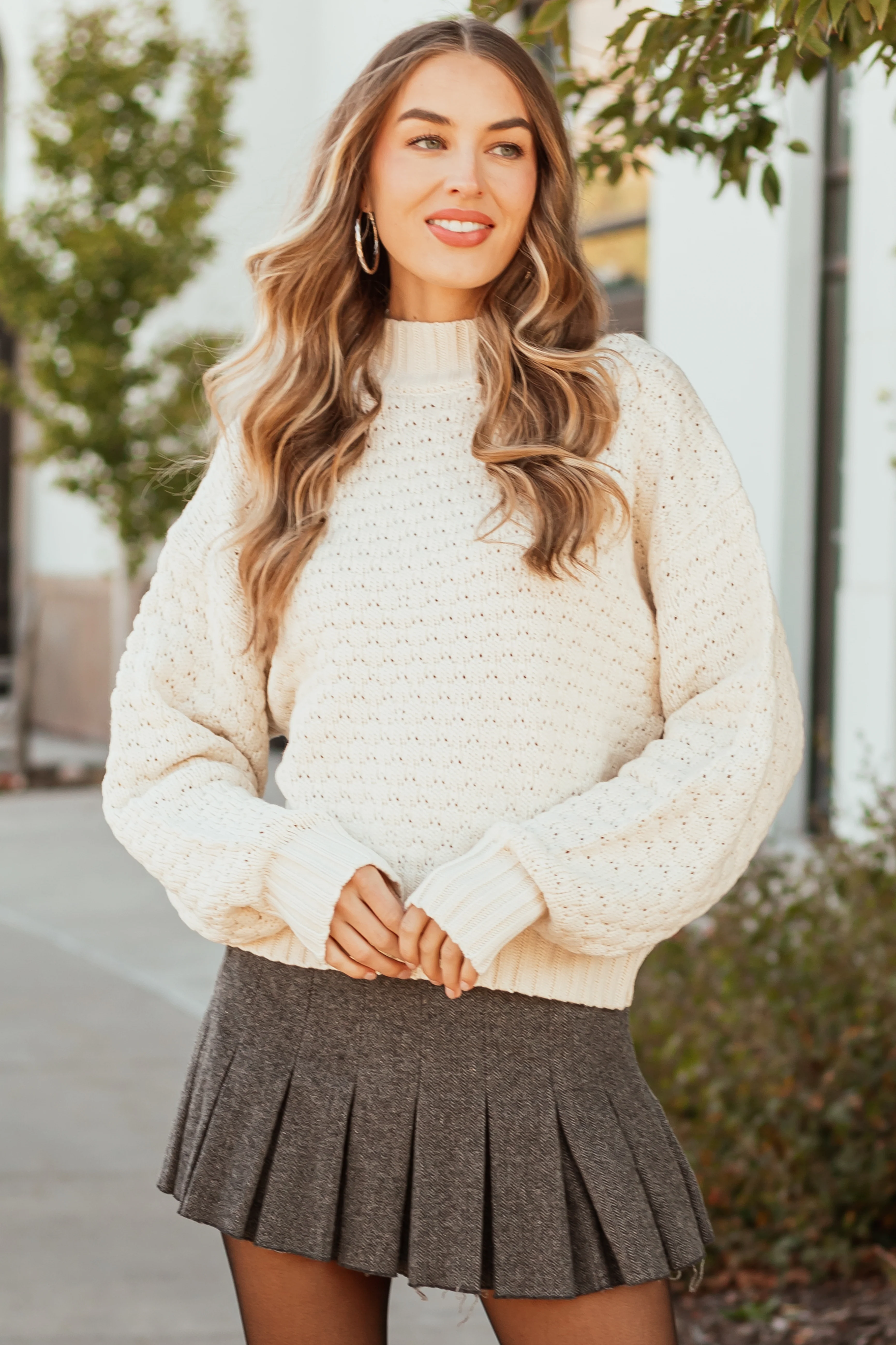 Cream Textured Knit High Neck Sweater - LD SALE