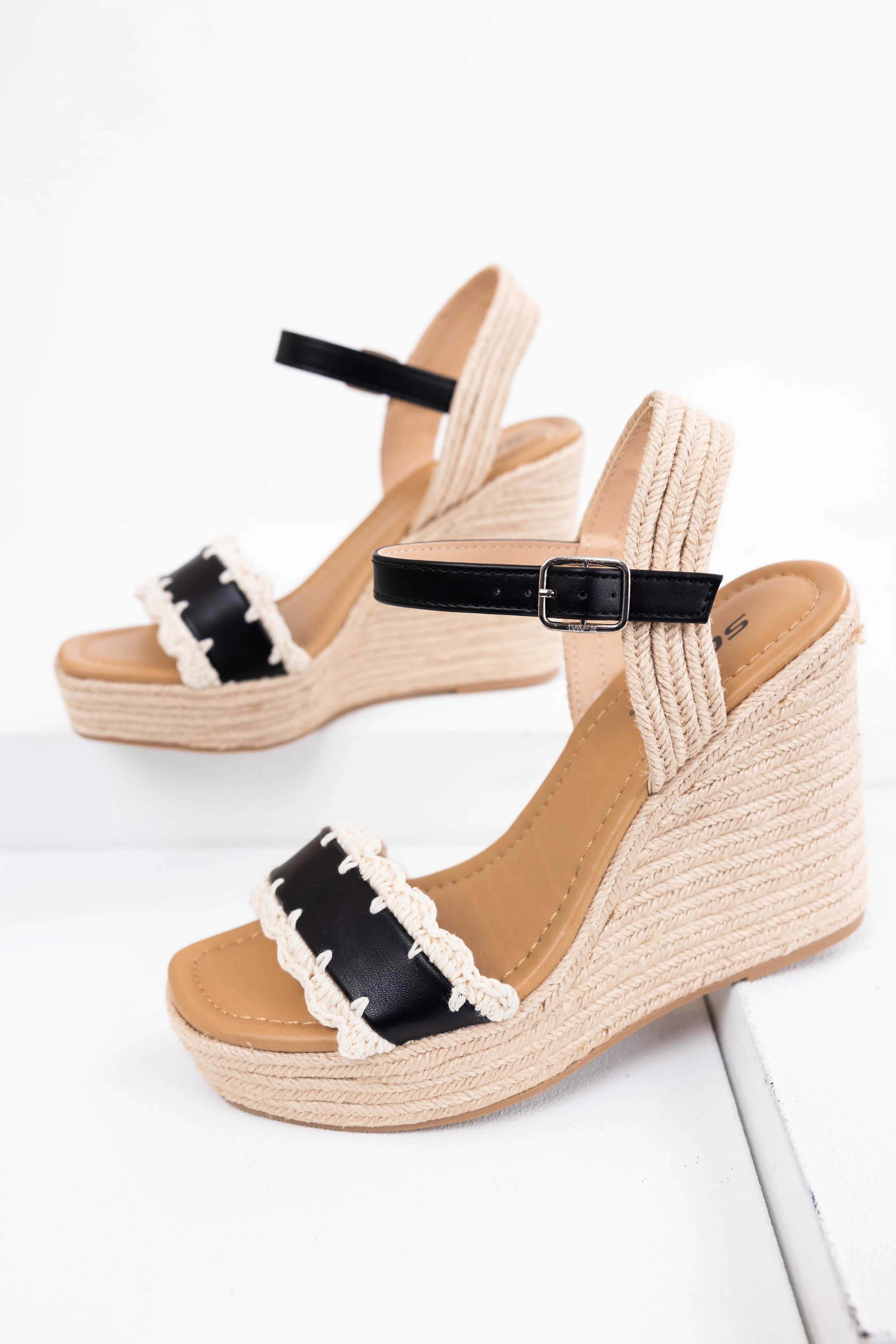 Black Crochet Trim Strap Espadrille Wedges - LD SALE
