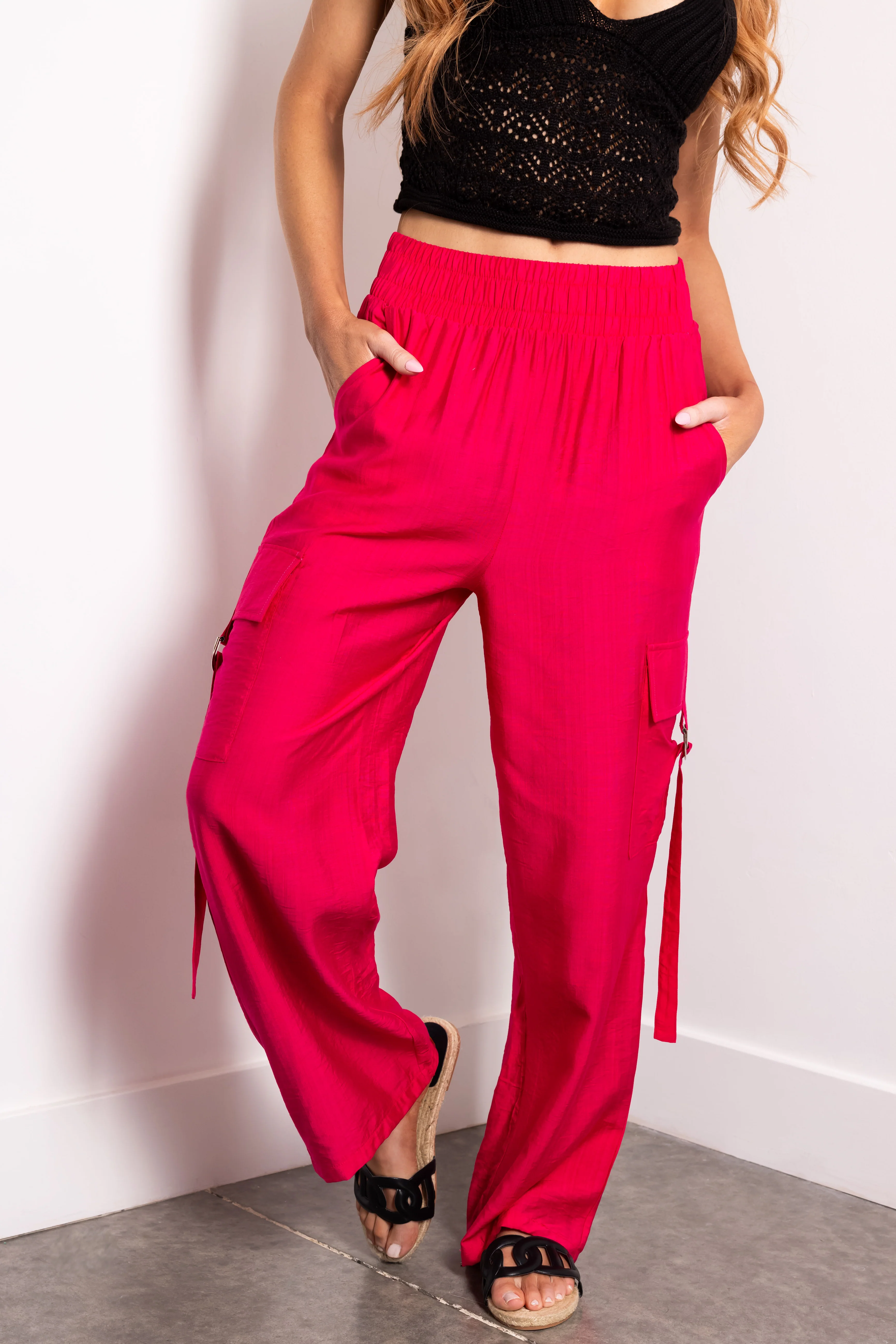 Hot Pink Faux Linen Wide Leg Cargo Pants - LD SALE